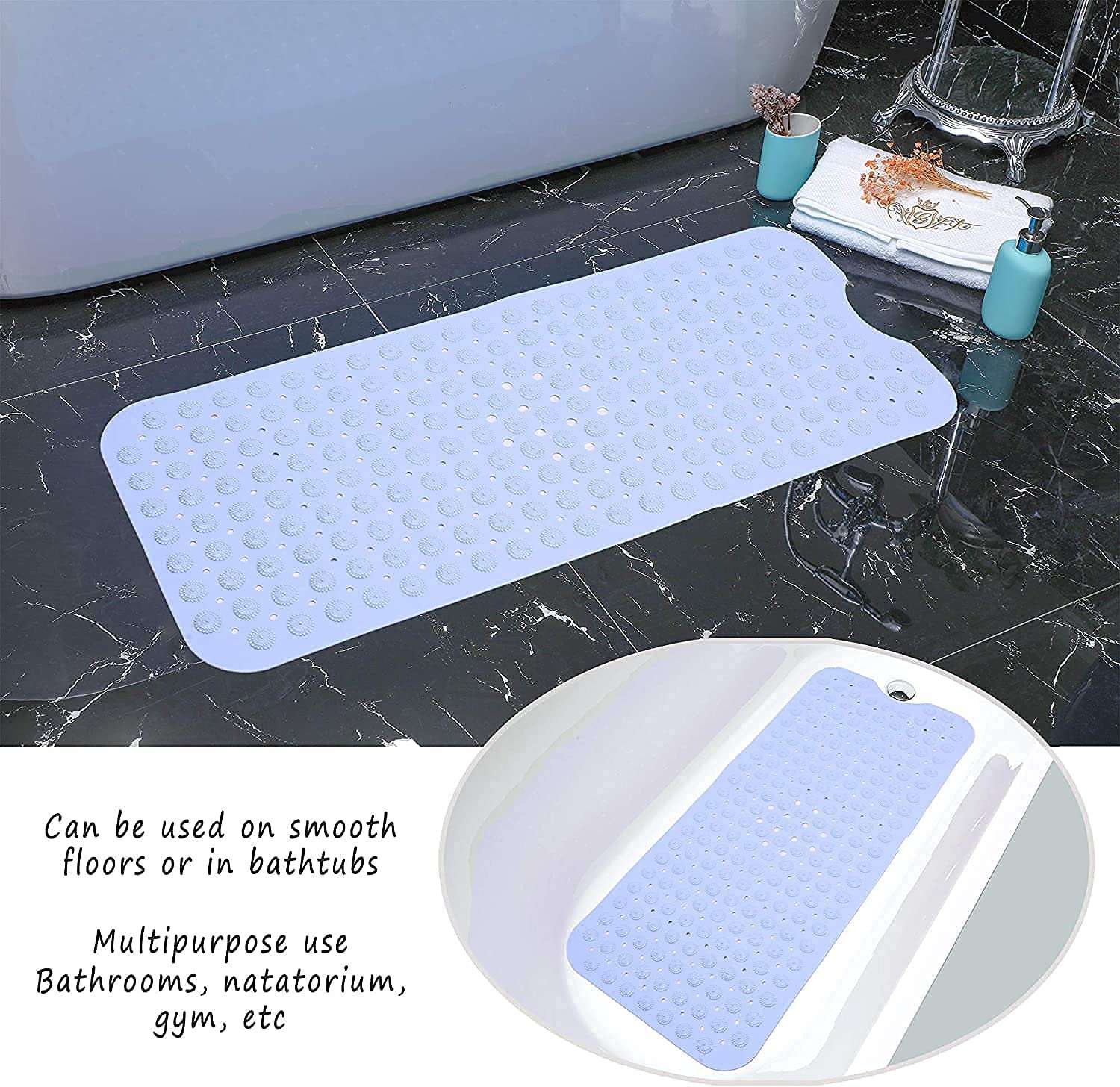 Harions Anti-Slip PVC Bathroom Shower Bath Mat, Non-Slip Mat for Toilet, Kitchen, Bathroom, Bathtub Mat with Anti Slip Suction Cups and Accu-Pebble (Light Blue, Size- 100x40 cm) 3