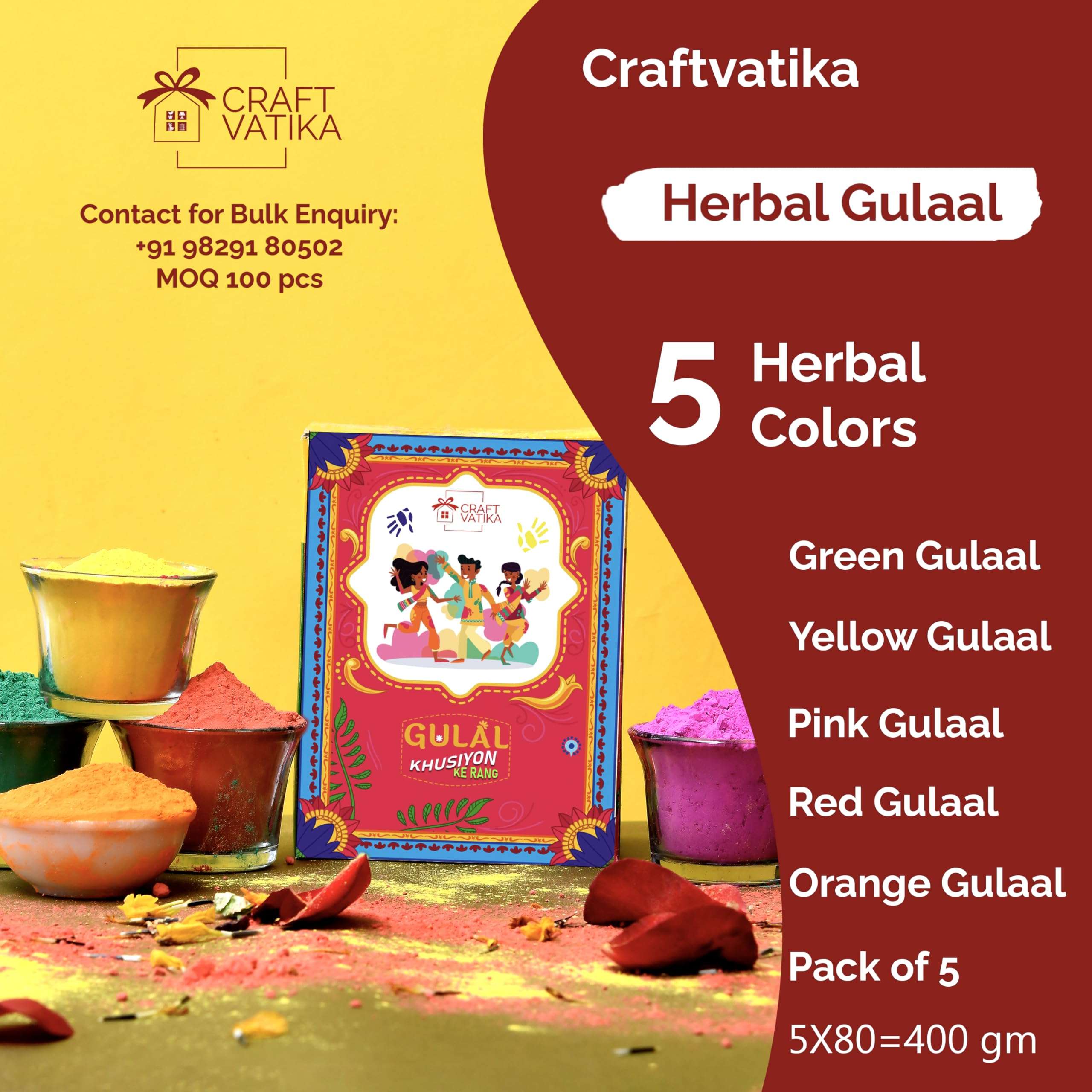 CraftVatika Holi Colours Pack of 5 Organic Holi Gulal Rang | 400 Gram Certified Holi Colors Gift Box |- Herbal Organic Holi Rang for Kids Family Men Women for Holi Festival Rang Panchami 3