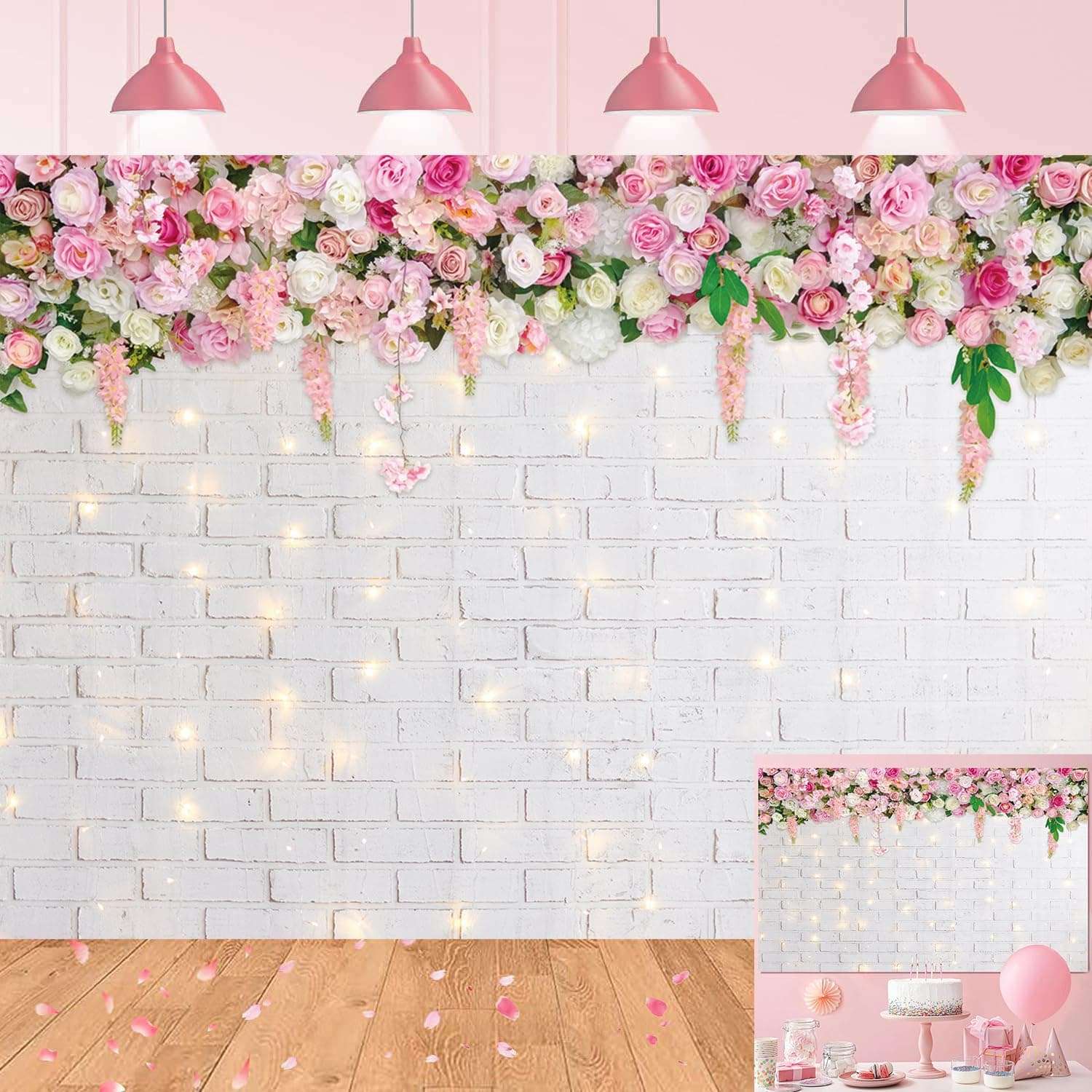 Flower Wall Backdrop Glitter White Brick Wall Mother's Day Flowers Photography Background Mother's Day Wedding Bridal Baby Shower Birthday Party Spring Theme Decor Photo Booth Props (10x8FT) 1