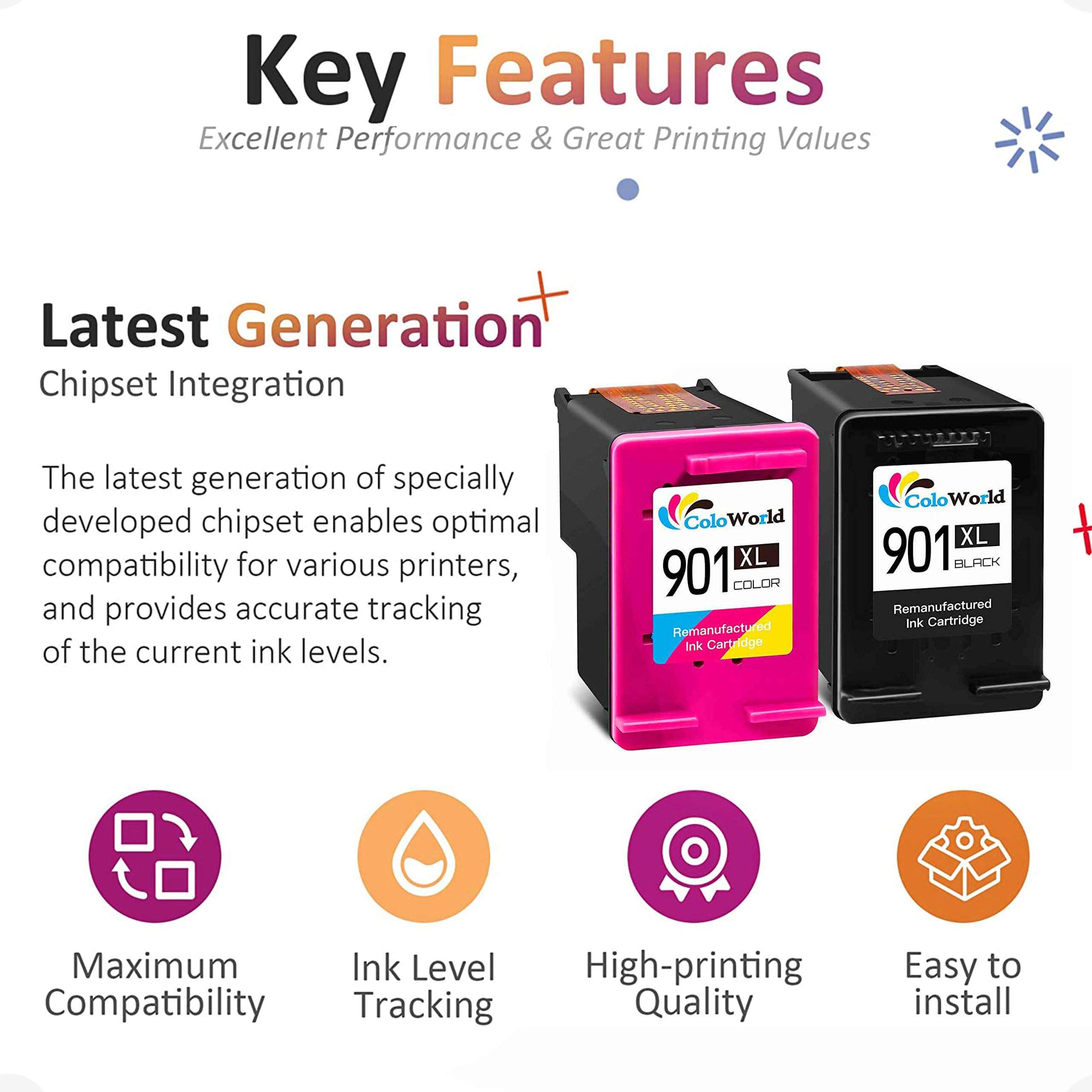 ColoWorld Remanufactured 901 Ink Cartridge Replacement for HP 901 XL Combo Pack Work with OfficeJet J4550 J4680 4500 J4580 J4540 J4500 J4680c G510a G510b G510g G510h G510n Printer (1 Black 1 Color) 4