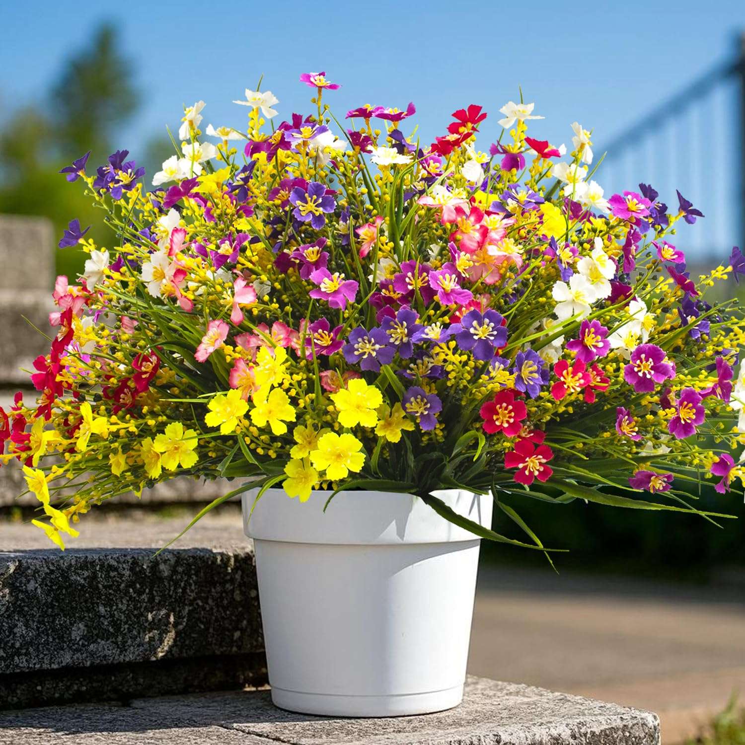 Grunyia 24 Bundles Artificial Faux Flowers Outdoor Plants for Autumn Summer Decoration,Fake Silk Realistic UV Resistant Colorful Daisy for Outside Home Porch Patio Balcony Yard Decor 1