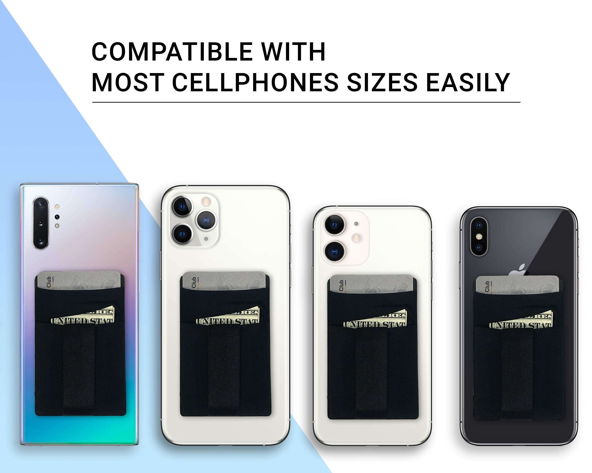 polifall Cell Phone Card Holder Stick On Wallet Sleeve Back - Double Pocket + Finger Grip Strap Loop + Metal Plate for Magnet Mount + RFID Block for iPhone, Galaxy, Android, Mobile - Black Marble 6