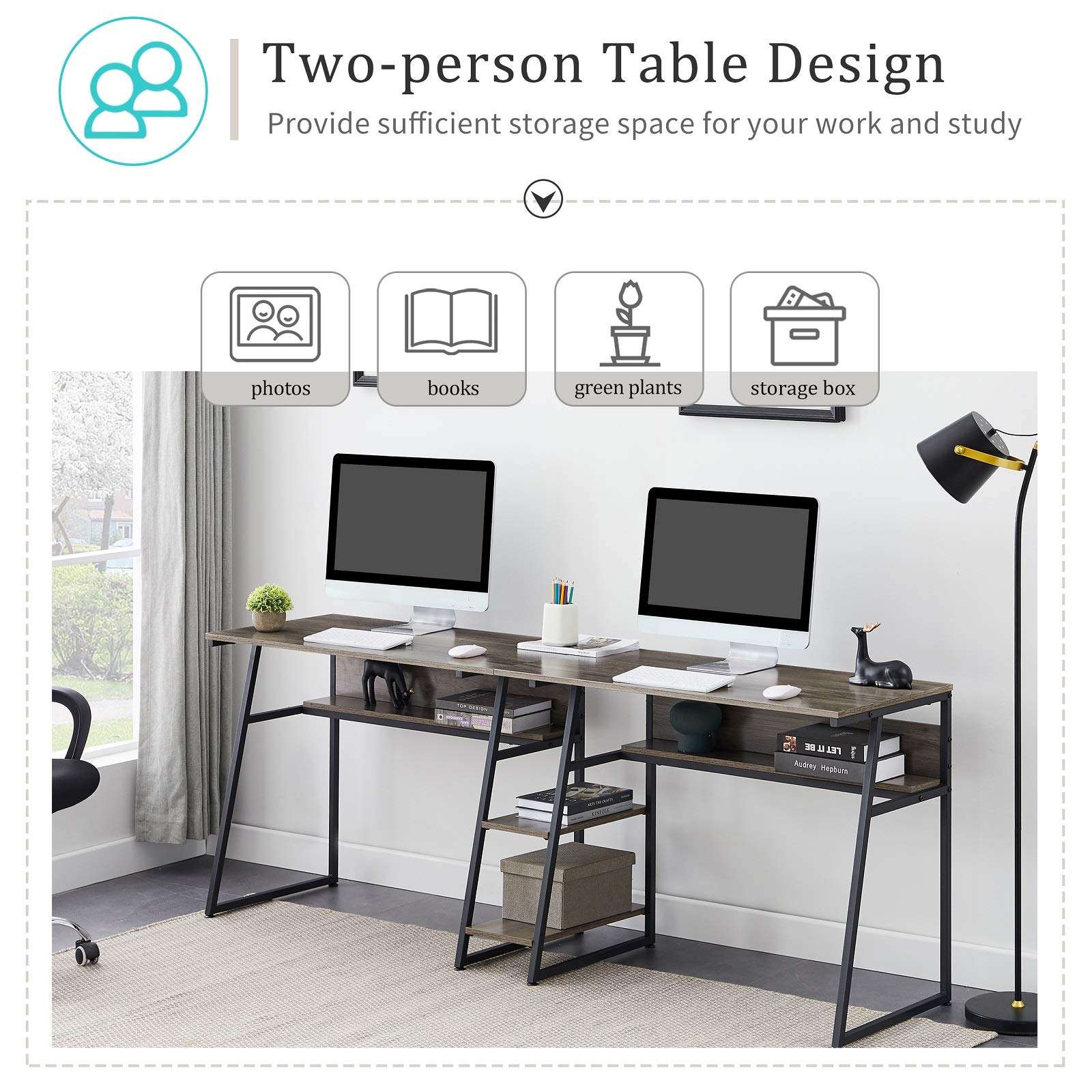 Danxee 81" Two Person Desk with Open Bookshelf and Storage Shelf, Double Computer Desk, Extra Long Workstation Desk, Study Writing Desk for Home Office (Grey Brown) 2