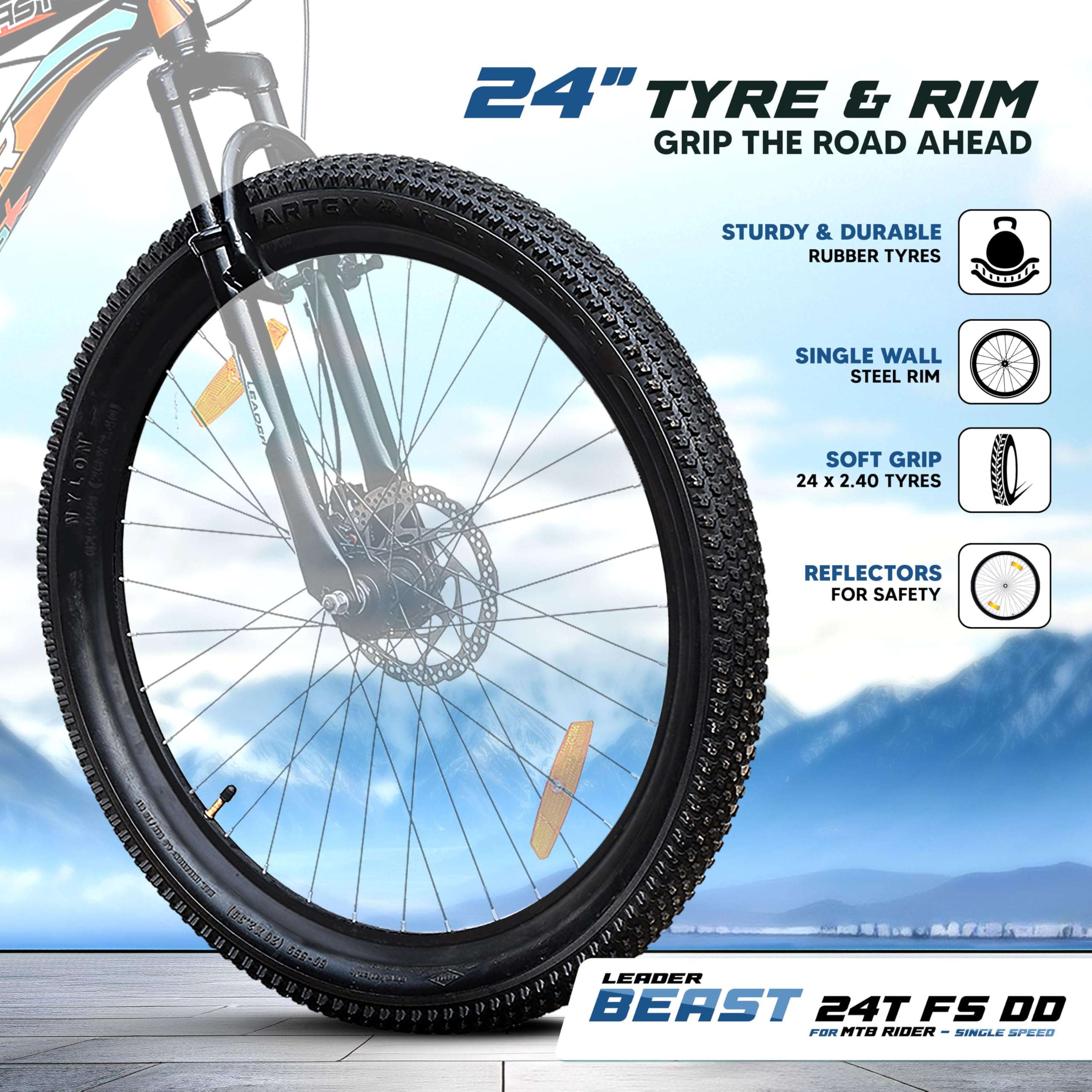 Leader Beast 24T Kids MTB Cycle | Kids Cycle with Sturdy 16 Inch Frame | Without Gear Bicycle with Front Suspension & Dual Disc Brakes | Ideal for 9-13 Years (Black/Orange) 6