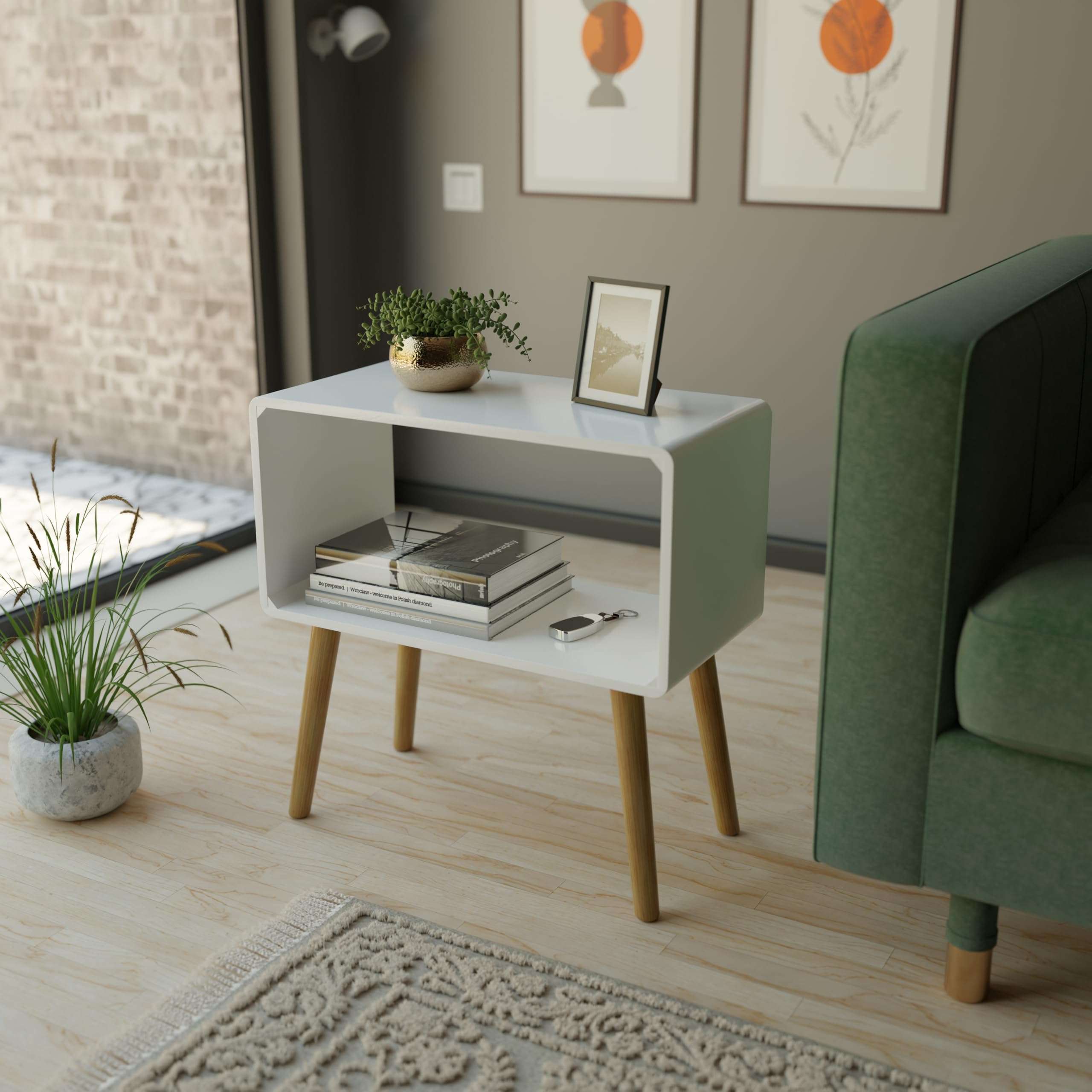 ETIQUETTE ART Retro Bookcase Nightstand, End Table,Bed Side Table for Small Spaces Magazine Stand with Storage Engineered Wood Wooden Bedside Table, Coffee Table, Living Room/Bedroom (White) 1