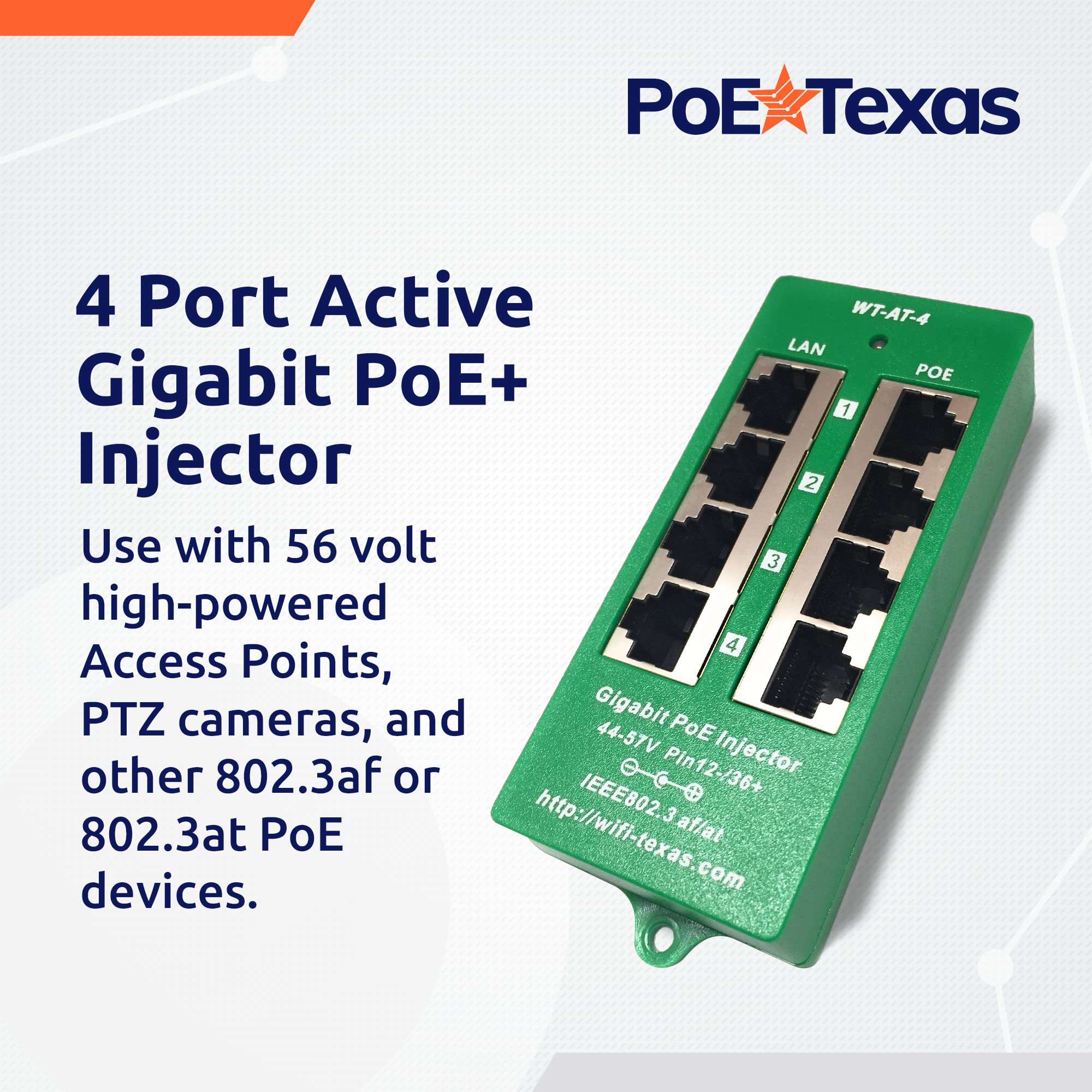 PoE Texas 4 Port PoE/PoE+ Injector with 56V 120W Power Supply - Gigabit Injector - Active Mode A Power Over Ethernet Multi Port PoE Adapter - Supports 4 PoE (802.3af or at) up to 120 watts 2
