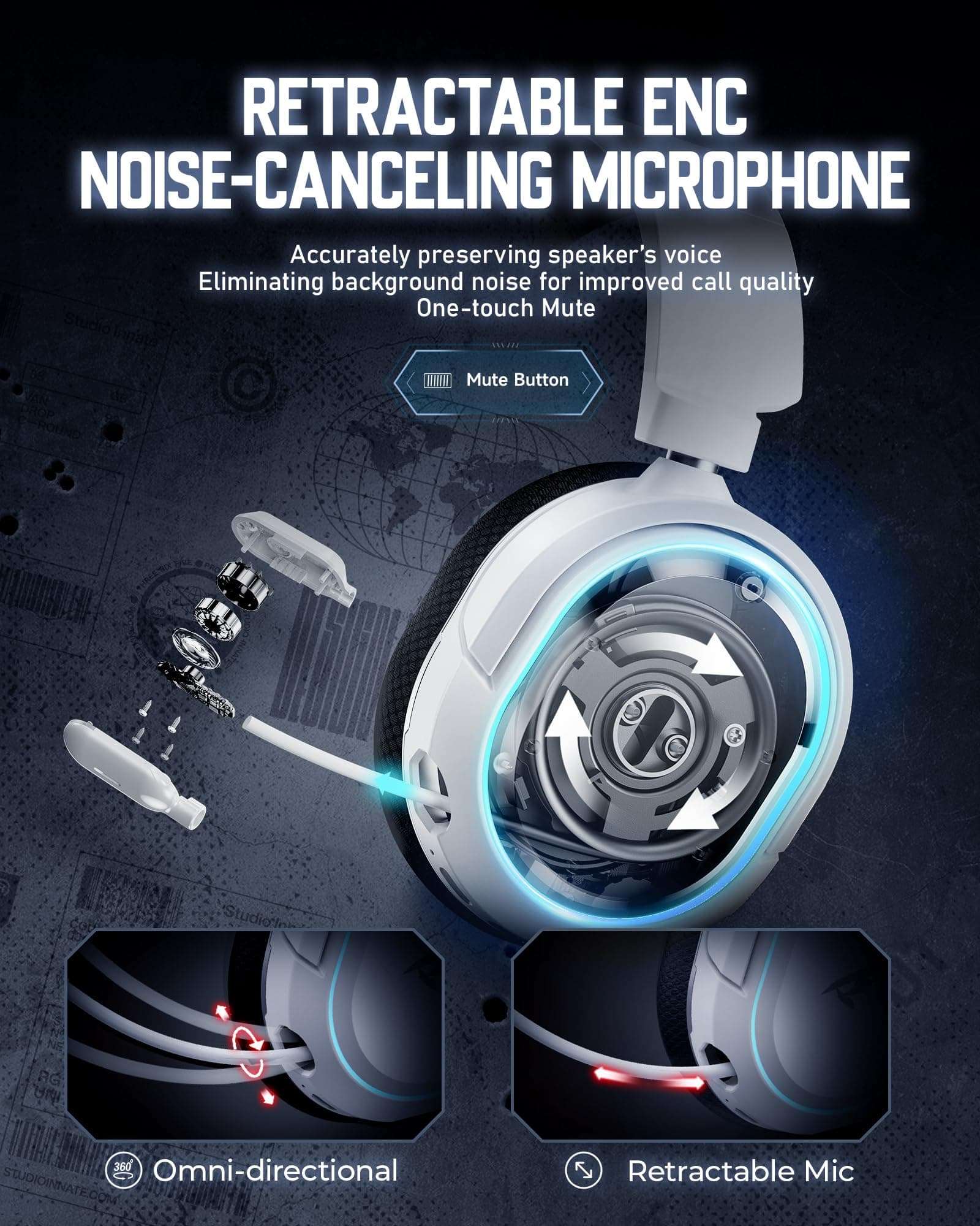 Wireless Gaming Headset, 7.1 Surround Sound, 2.4GHz USB Gaming Headphones with Bluetooth 5.4, 100H Battery, ENC Noise Canceling Mic, RGB Light, Wireless Headset for PC PS5 PS4 Mac Switch (Black-White) 6