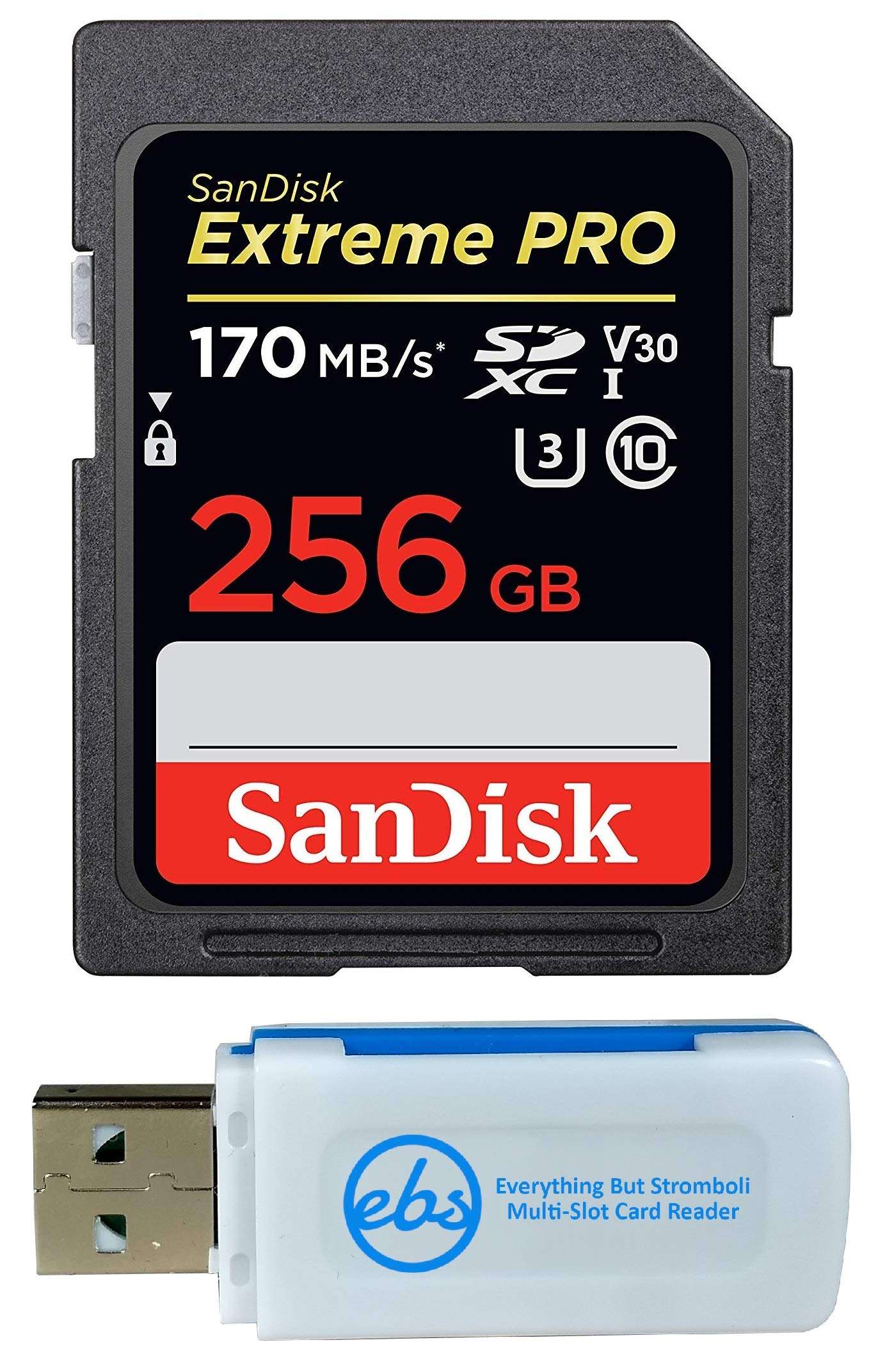 SanDisk 256GB SDXC Extreme Pro Memory Card Bundle Works with Olympus OM-D E-M10 Mark II, Pen E-PL9 Mirrorless Camera 4K V30 (SDSDXXY-256G-GN4IN) Plus (1) Everything But Stromboli TM Combo Card Reader 1