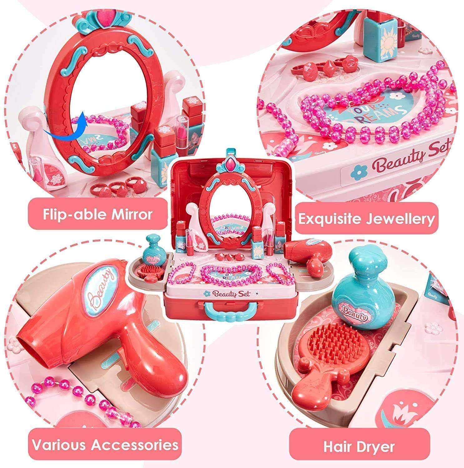 HS ENTERPRISE 3 In 1 Beauty Makeup Plastic Pretend Play Set Fashion Set Suitcase Toy, Gift For Girls 3-8 Year Old Kids, Multicolor 3