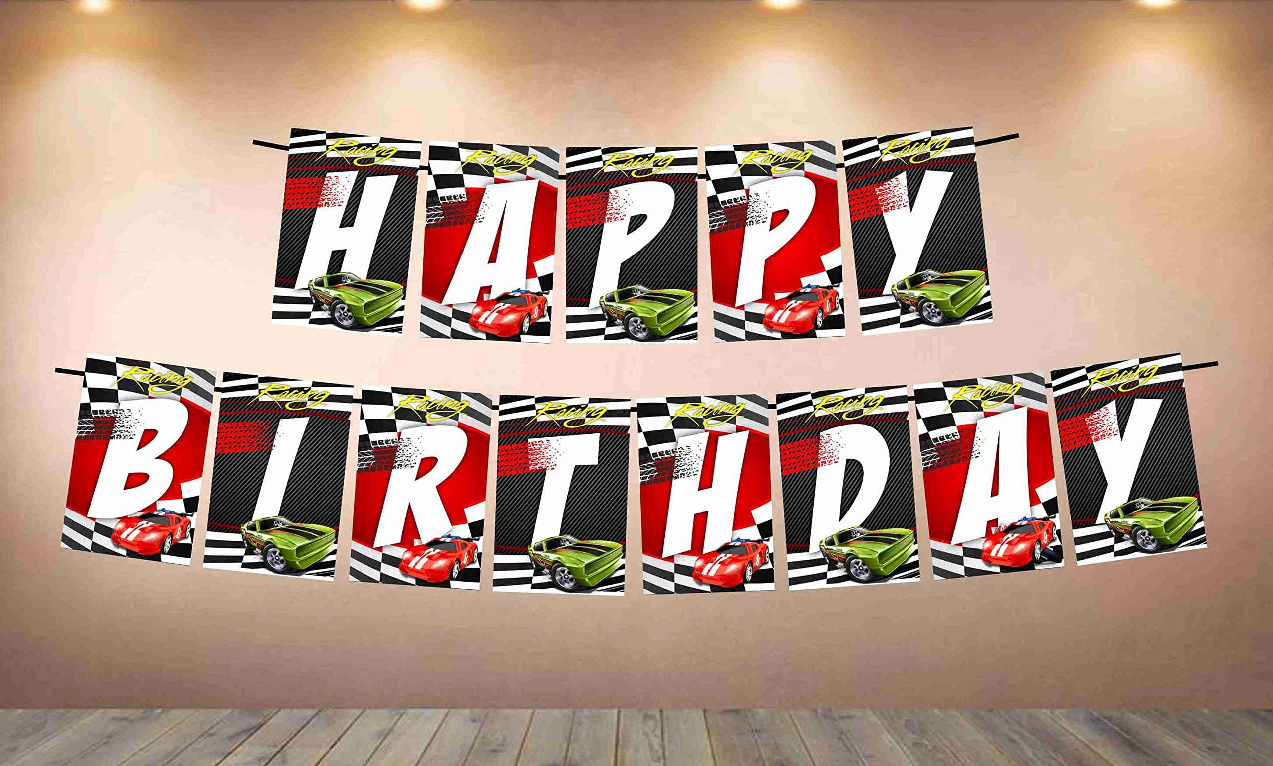 Partyzon Sports Car Theme Happy Birthday Kids Banner for Birthday Decoration Backdrop and Theme Party with Ribbon 1