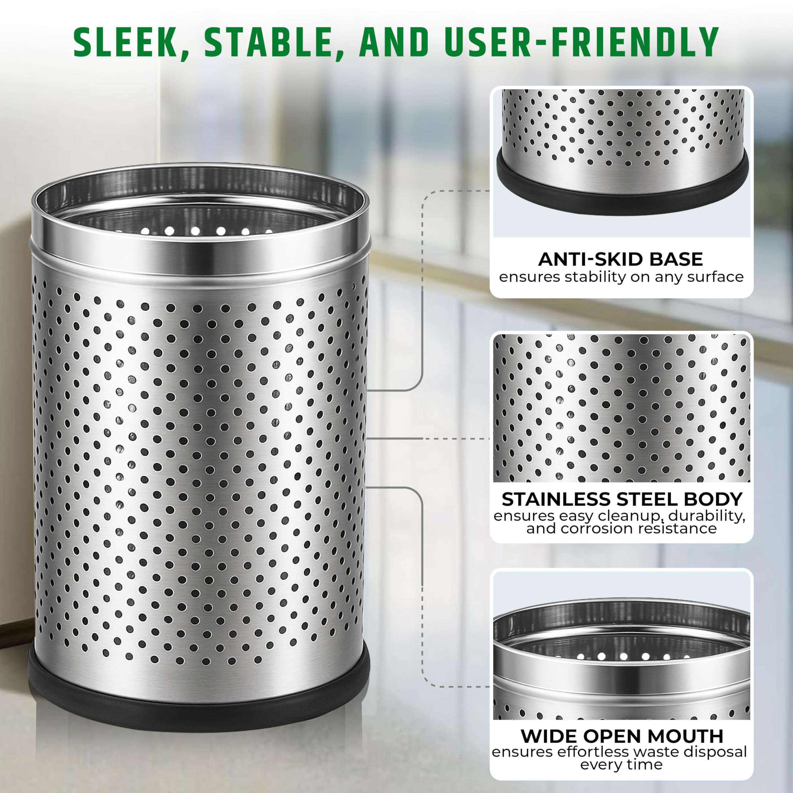 Robustt Stainless Steel Perforated Design Open Top Dustbin - 10L | 8 Inch (W) x 12Inch (H) Silver Trash Can with Anti-skid Base | For Bathroom, Bedroom, Kitchen & Toilet or Commericial Use - Pack of 1 3