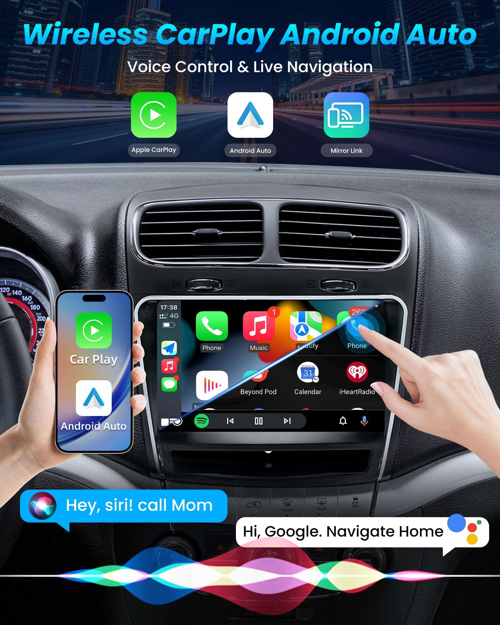 Car Radio for Dodge Journey 2011-2019: [4Core 64G ROM] 9" 1280 * 800 HD Touchscreen Stereo with Wireless Carplay Android Auto 5G WiFi GPS Navigation Bluetooth FM RDS DSP EQ SWC 1080P Backup Camera 4