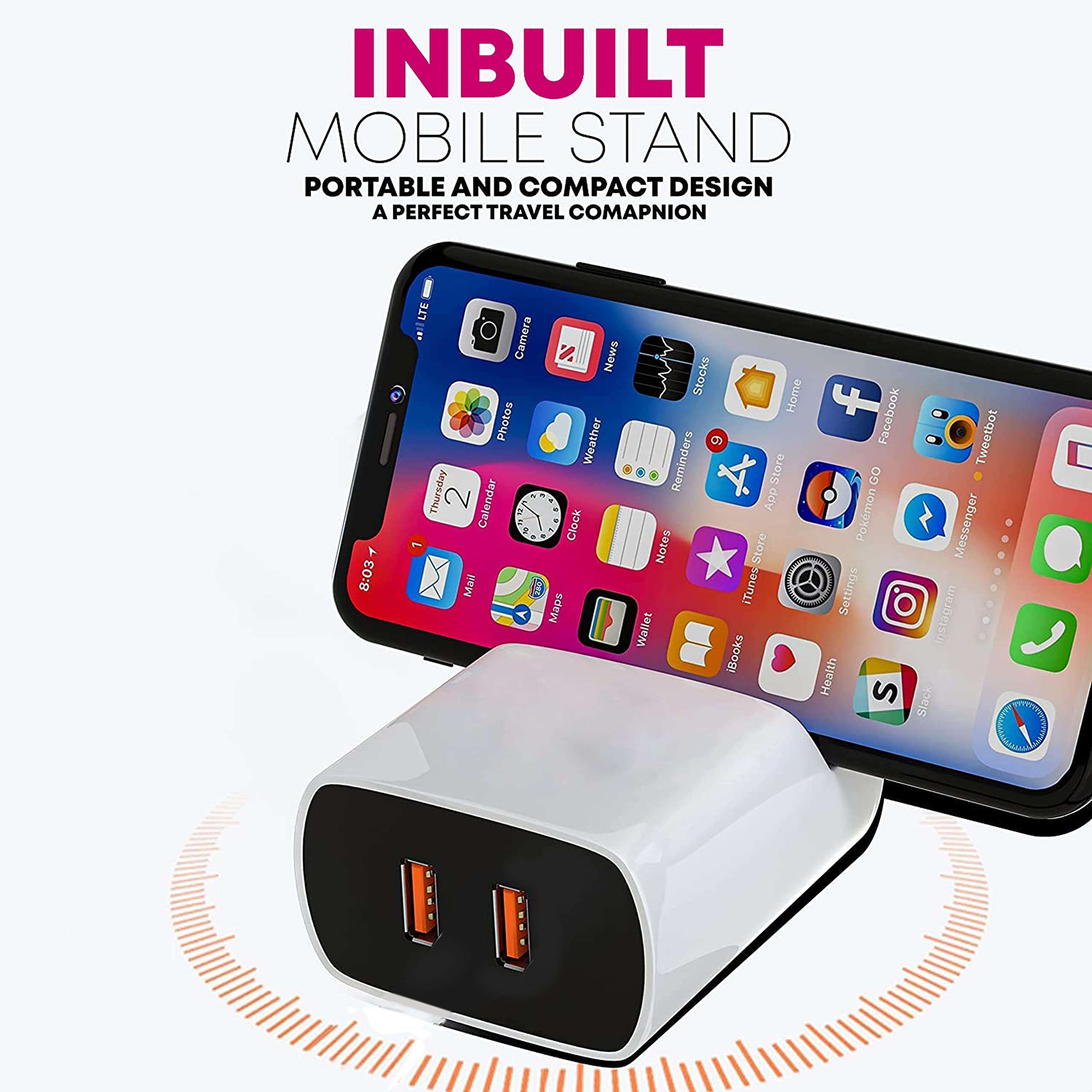 Dual USB Charger For THL T6 Pro / THL T 6 pro Charge 3.4A Fast Charger with Inbuilt Mobile Stand, Free Micro Cable, Smart Protection System, Made in India Adapter, Fast Charging & Data Transfer,Elements LED Indicator & Slot Holder KS1 (Mobile Charger With stand, White) 5