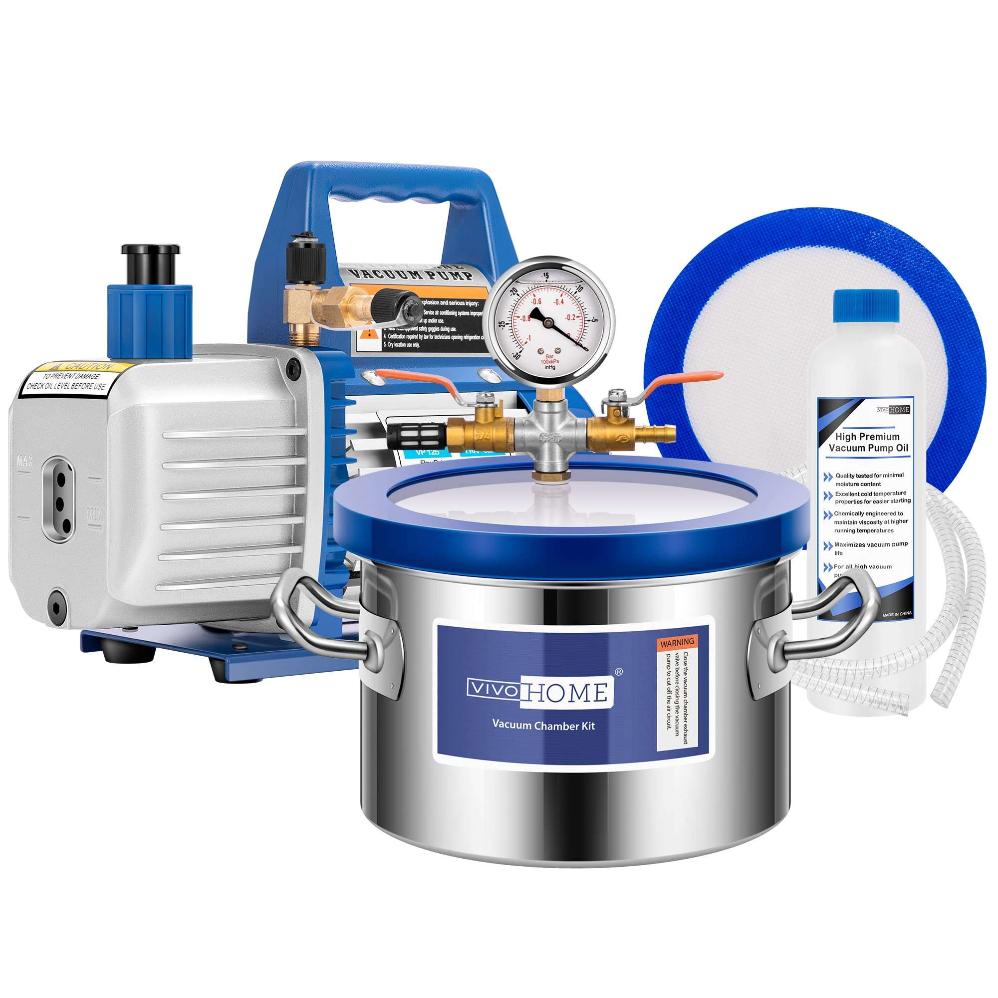 VIVOHOME 1.5 Gallon Vacuum Chamber with Pump, Stainless Steel Vacuum Degassing Chamber Kit with 14AWG/3C SJTOW Heavy Duty 50 Feet Retractable Extension Cord Reel 3