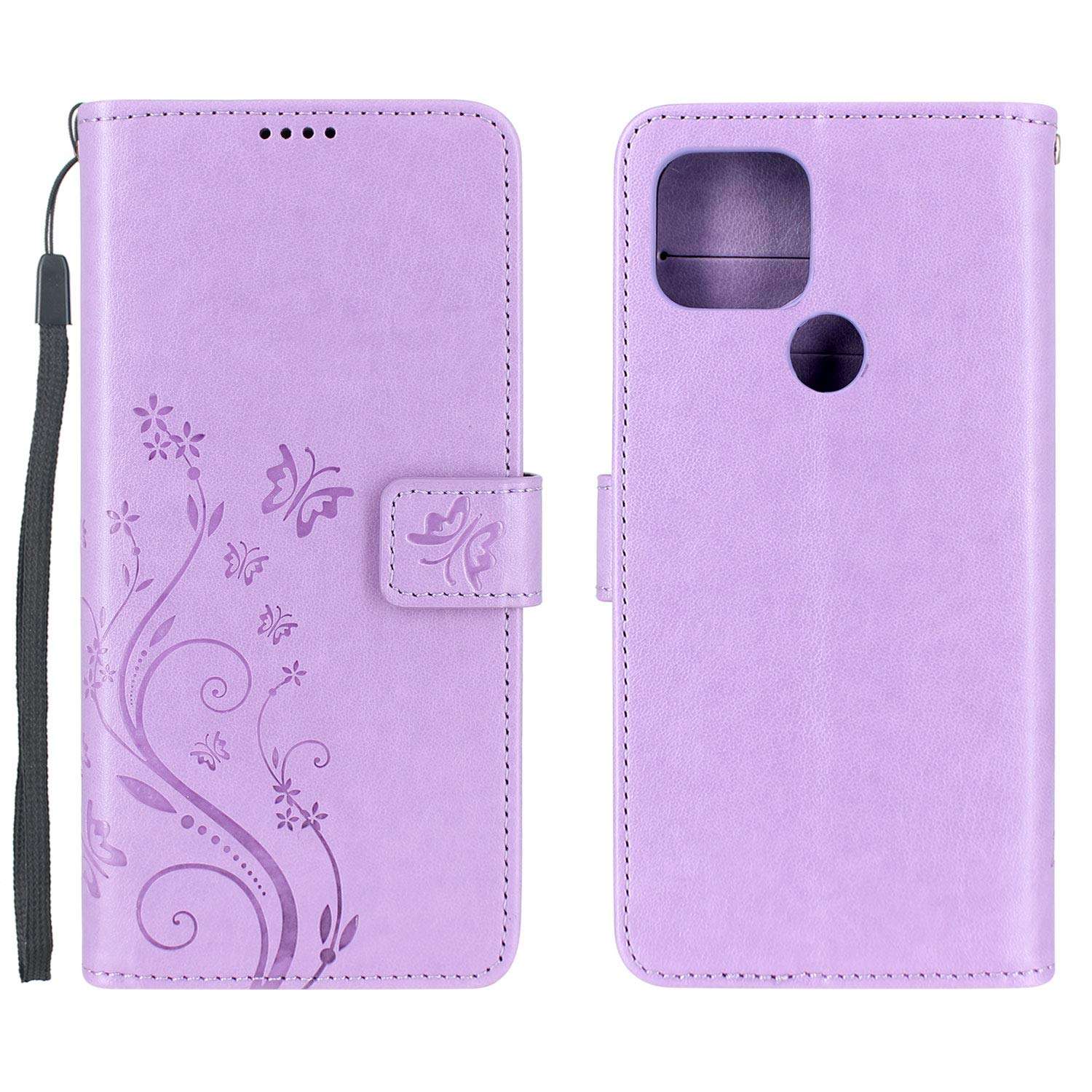 Lacass Floral Butterfly PU Leather Flip Wallet Case Cover Kickstand with Card Slots and Wrist Strap for Google Pixel 4a 5G (Not fit Pixel 4a 4G) (Light Purple) 4