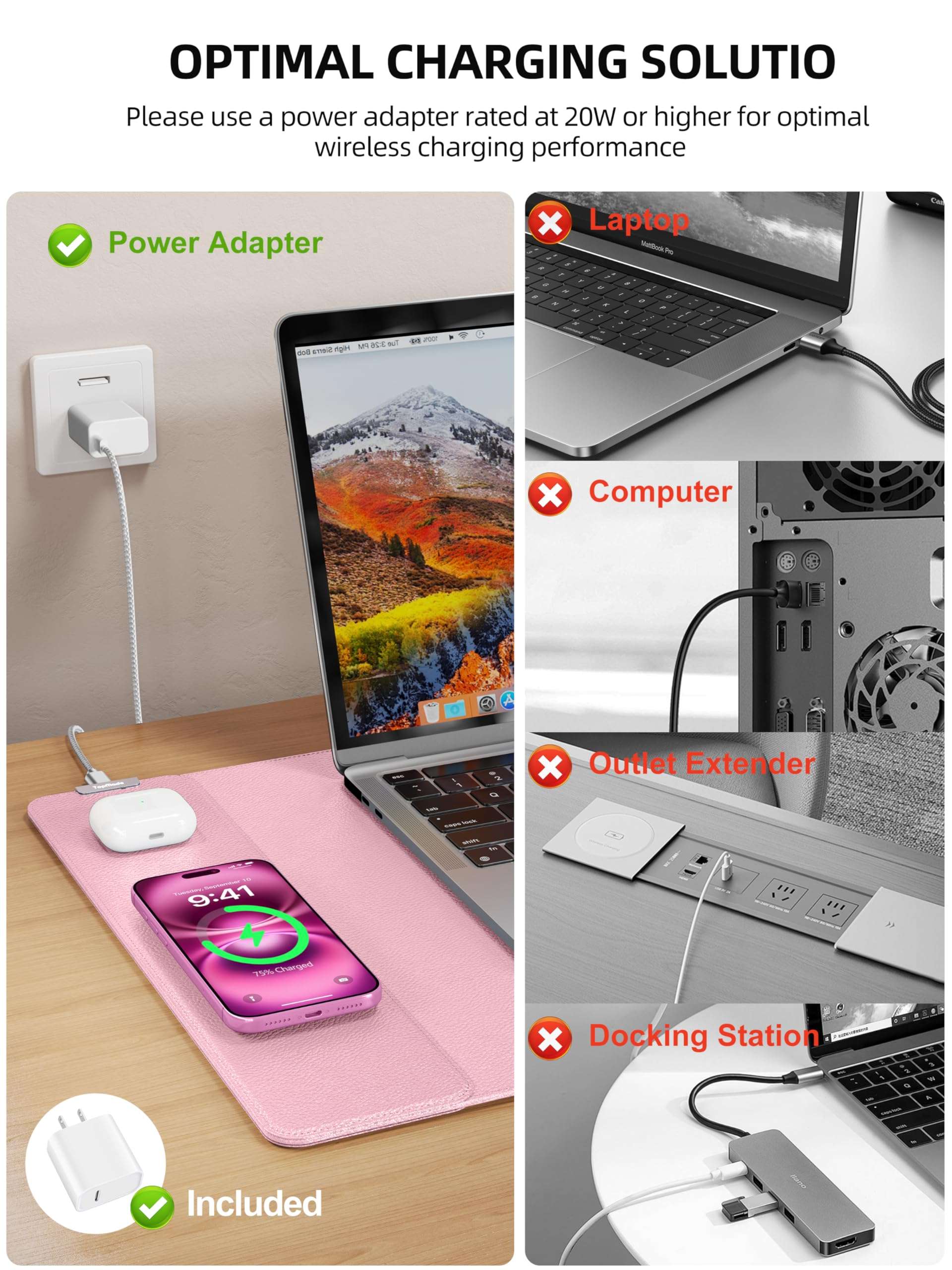 TopMade Mouse Pad with 15W Wireless Charging, XXL Large Leather Desk Mat, Waterproof Gaming Mousepad Home Office Desk Pad Protector, Pink (Includes 20W PD Power Adapter & 6.56ft Woven Cable) 5