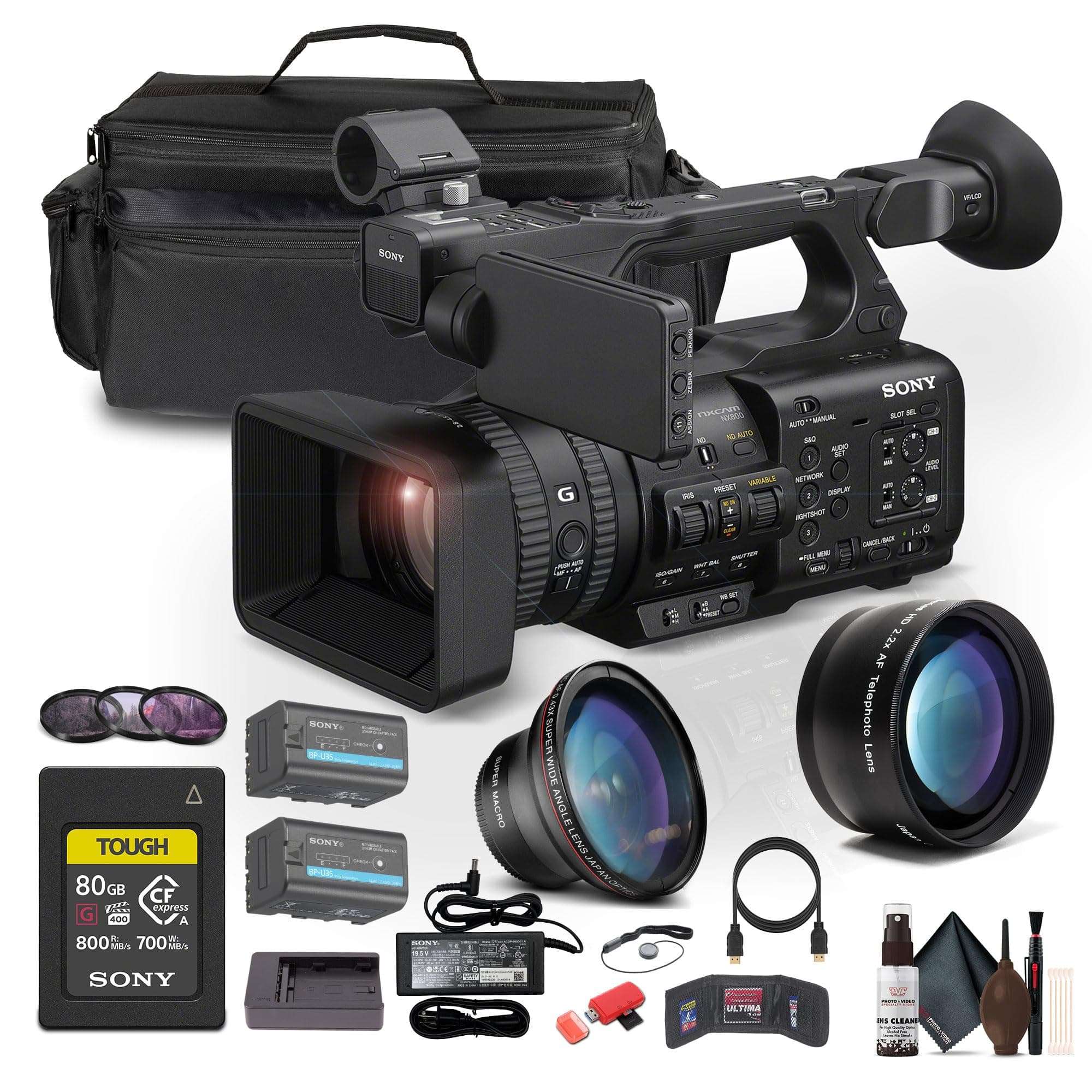 Sony PXW-Z200 4K 1" CMOS Sensor XDCAM Camcorder (PXW-Z200) W 80GB CFexpress Card + BP-U35 Battery + Large Case + Telephoto Lens + Card Reader + Filter Kit + Wide Angle Lens + More 1