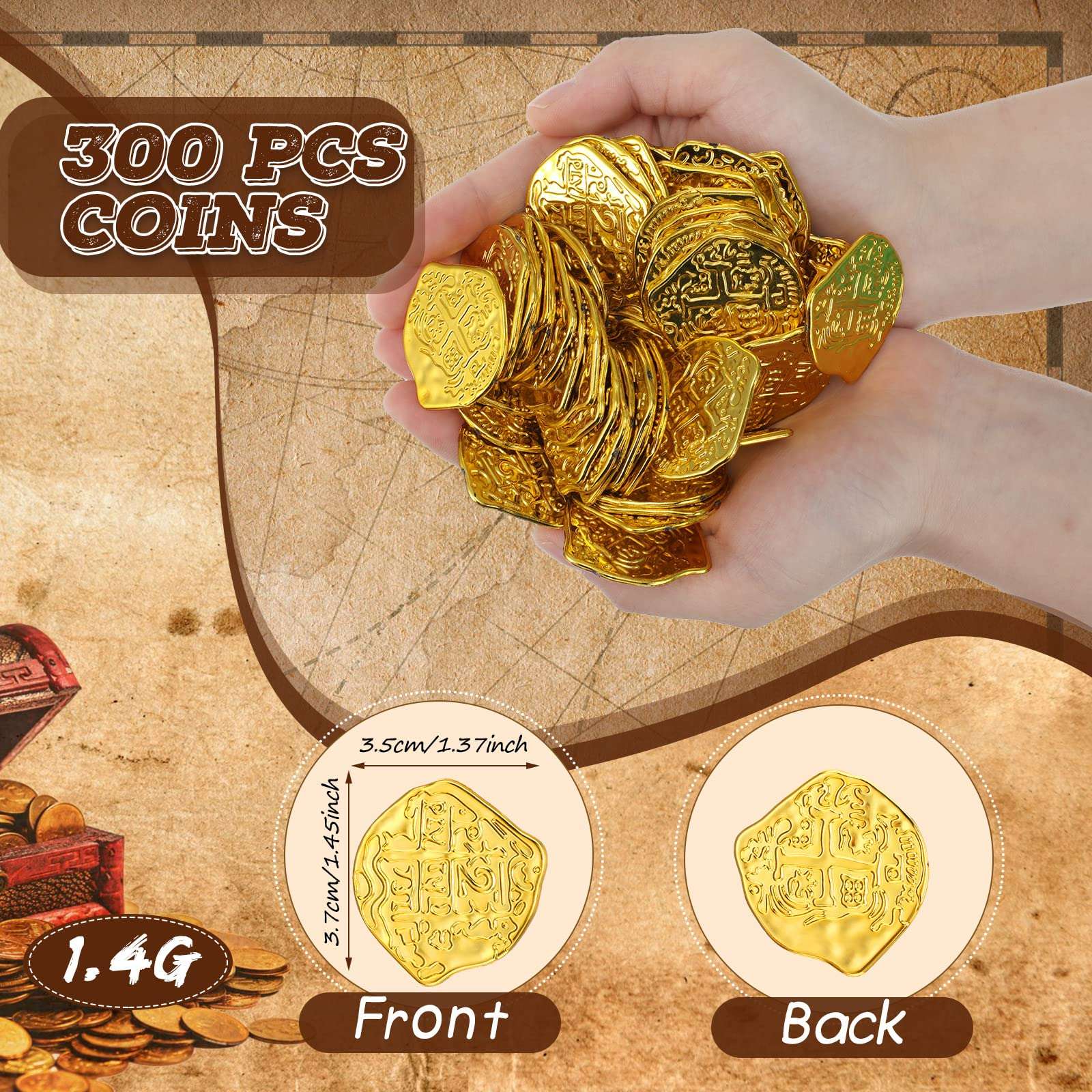 Hanaive 300 Pcs Pirate Coins Plastic Gold Coins Kids Fake Play Coins Replica Spanish Doubloons for Pirate Party Treasure Chest Board Games Tokens Toys Cosplay, Gold 3