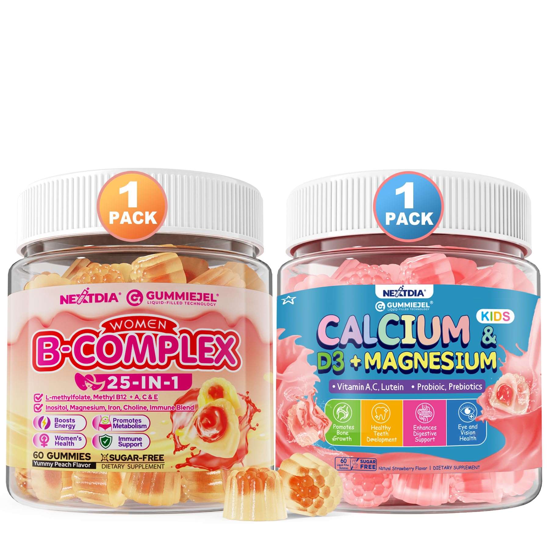 Nextdia Bundle: Vitamin B Complex Gummies for Women & Calcium Gummies for Kids 4+