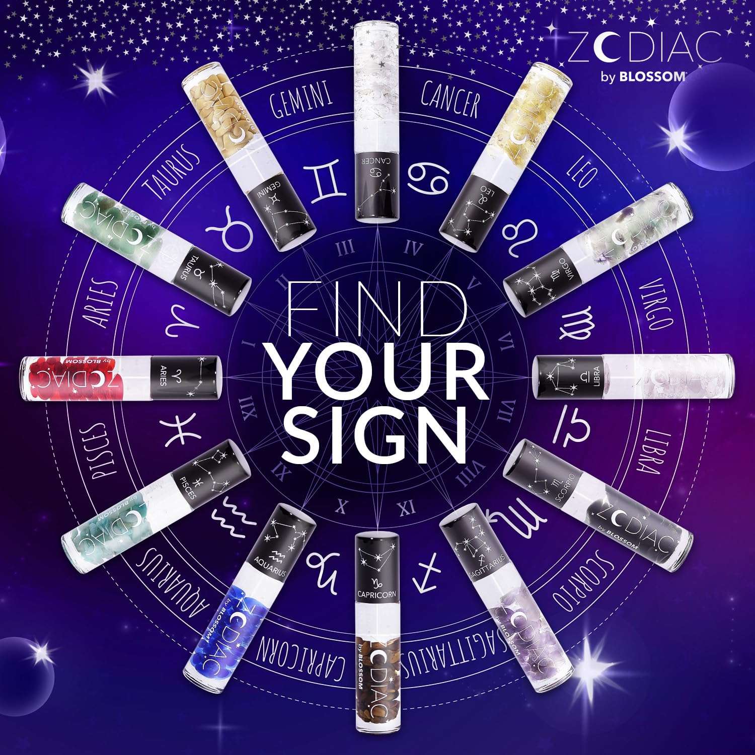 Blossom Lip Gloss Zodiac Sign Vanilla Scented Roll-On Lip Gloss, Moisturizing + Hydrating with Zodiac Crystals, Made in USA, 0.20oz, Libra 6