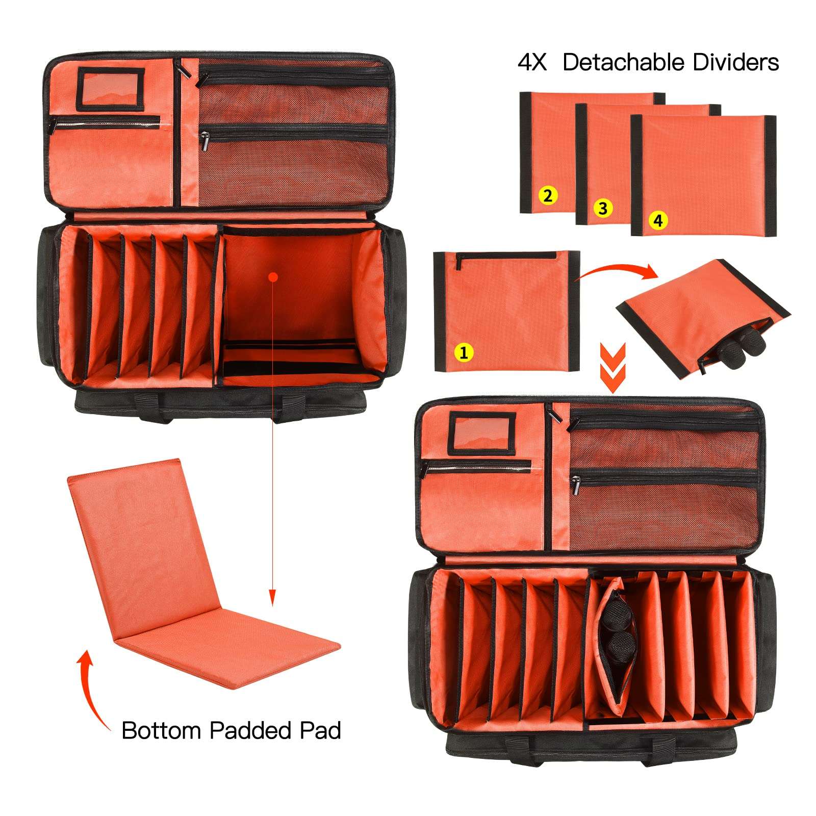 GISEO DJ Gig Bag, Large DJ Cable File Bag DJ Gear Storage Organizer with Detachable Padded Bottom and Dividers,Travel Gig Bag for Cords Sound Equipment DJ Gear Musician Accessories (Orange) 3