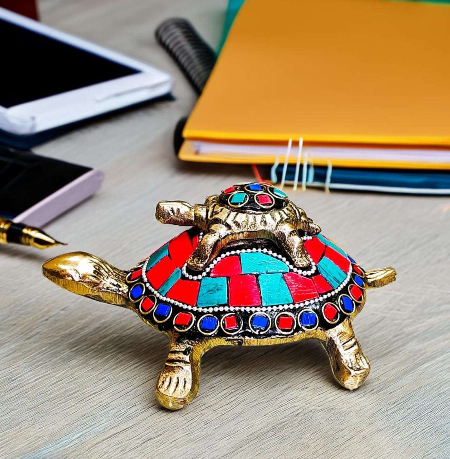 Sanskriti Decor Presents Brass Vastu Feng Shui Tortoise/Kachua with Baby for Career & Good Luck, Wealth & Success in Business, Home Decor/Heavy Meena Work kachuwa