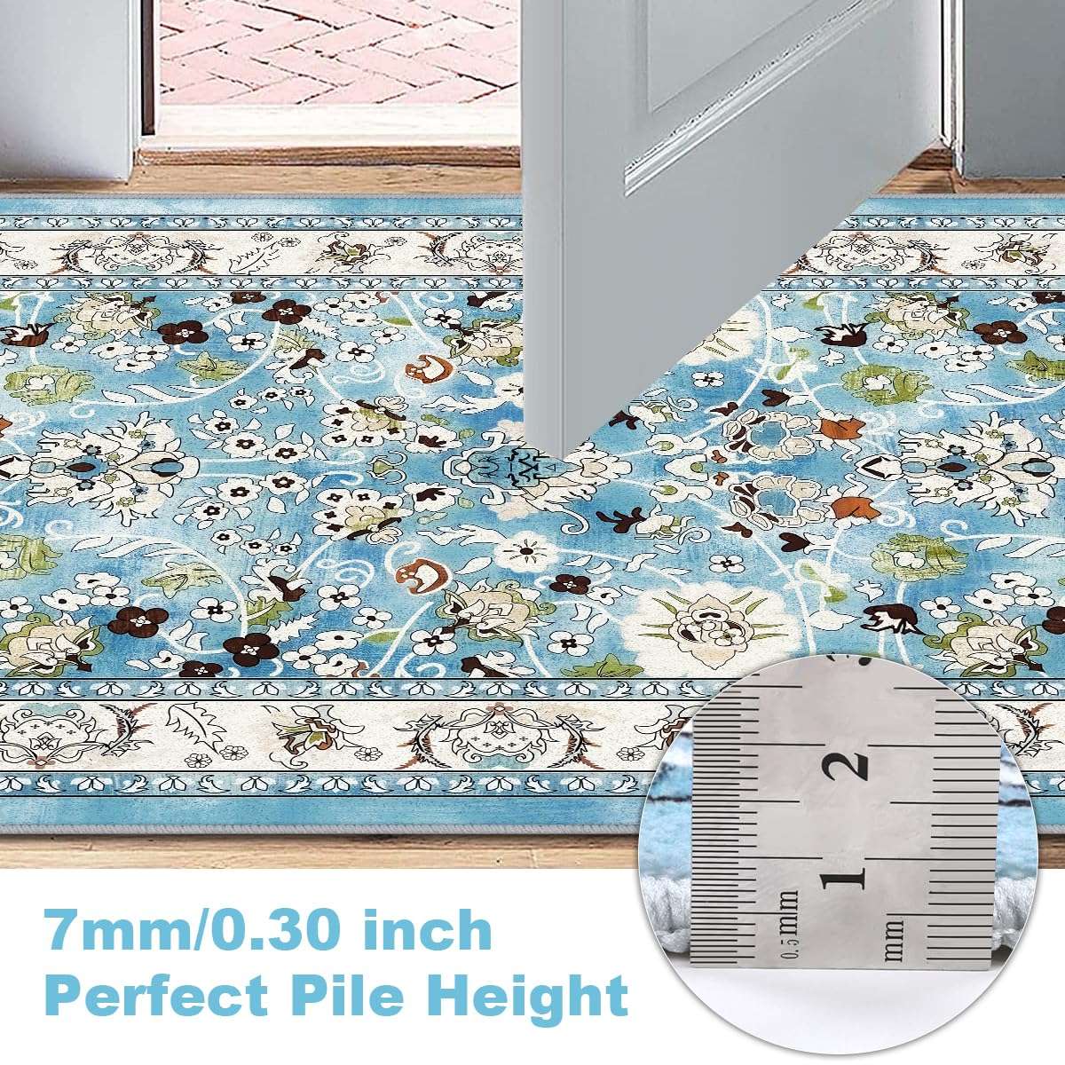 LOKHOM Washable Area Rug, 3x5 Non-Slip Kitchen Area Mat Vintage Living Room Rug with Rubber Backing, Boho Floral Faux Wool Farmhouse Bedroom Area Carpet for Bedroom Bathroom Kitchen Laundry(Teal) 5