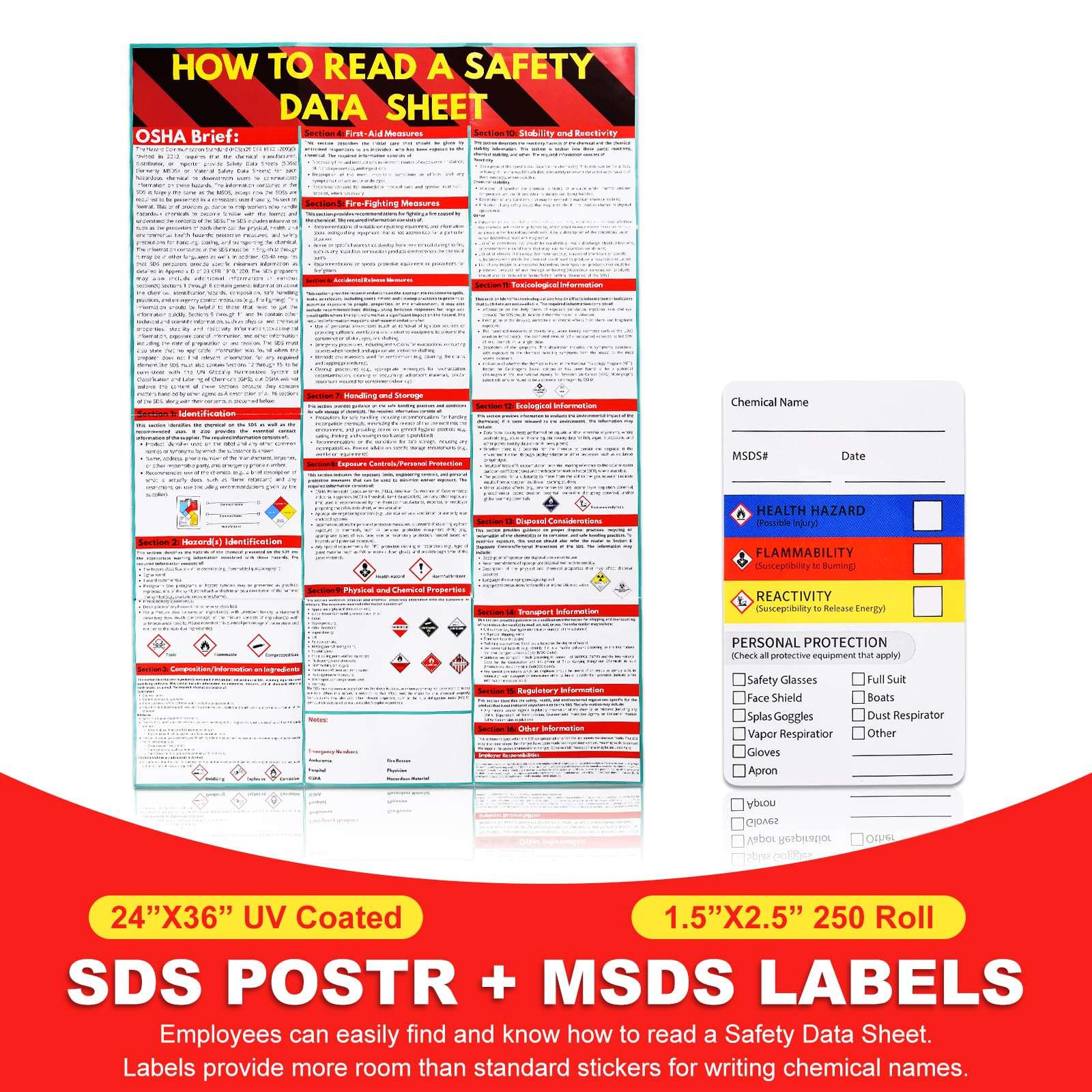 MSDS SDS Binder and Wall Station,Yellow Heavy Duty 3 Inch Material Safety Data Sheet 3 Ring Binder with SDS Wire Rack and Display Sign, Chain,Mounting Hardware,Safety Posters,MSDS Labels 5