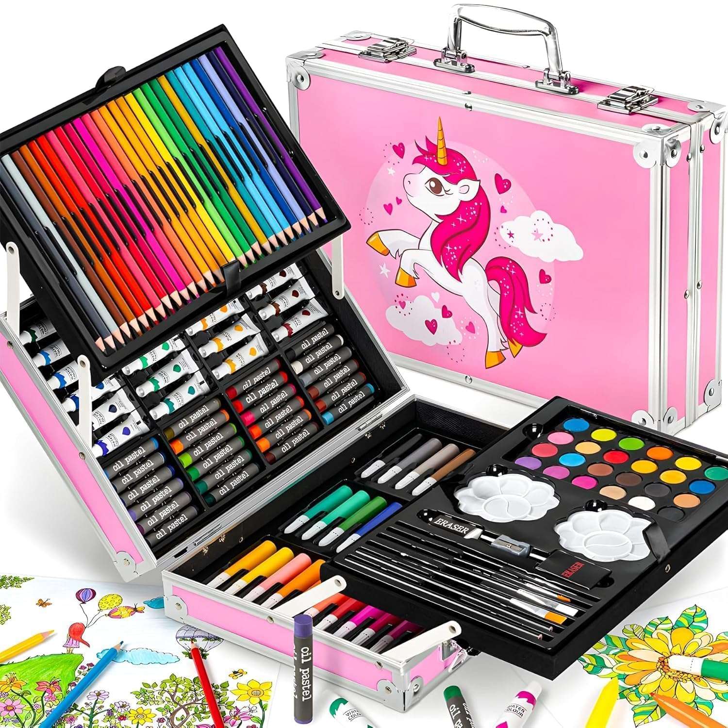 IDENSIC 145 Pieces Art Drawing Set for Kids Case, Art and Craft Supplies Drawing and Painting Set Colour Set Great Gift for Teens Adults Beginner&Artists (Unicorn Design-Pink) 1