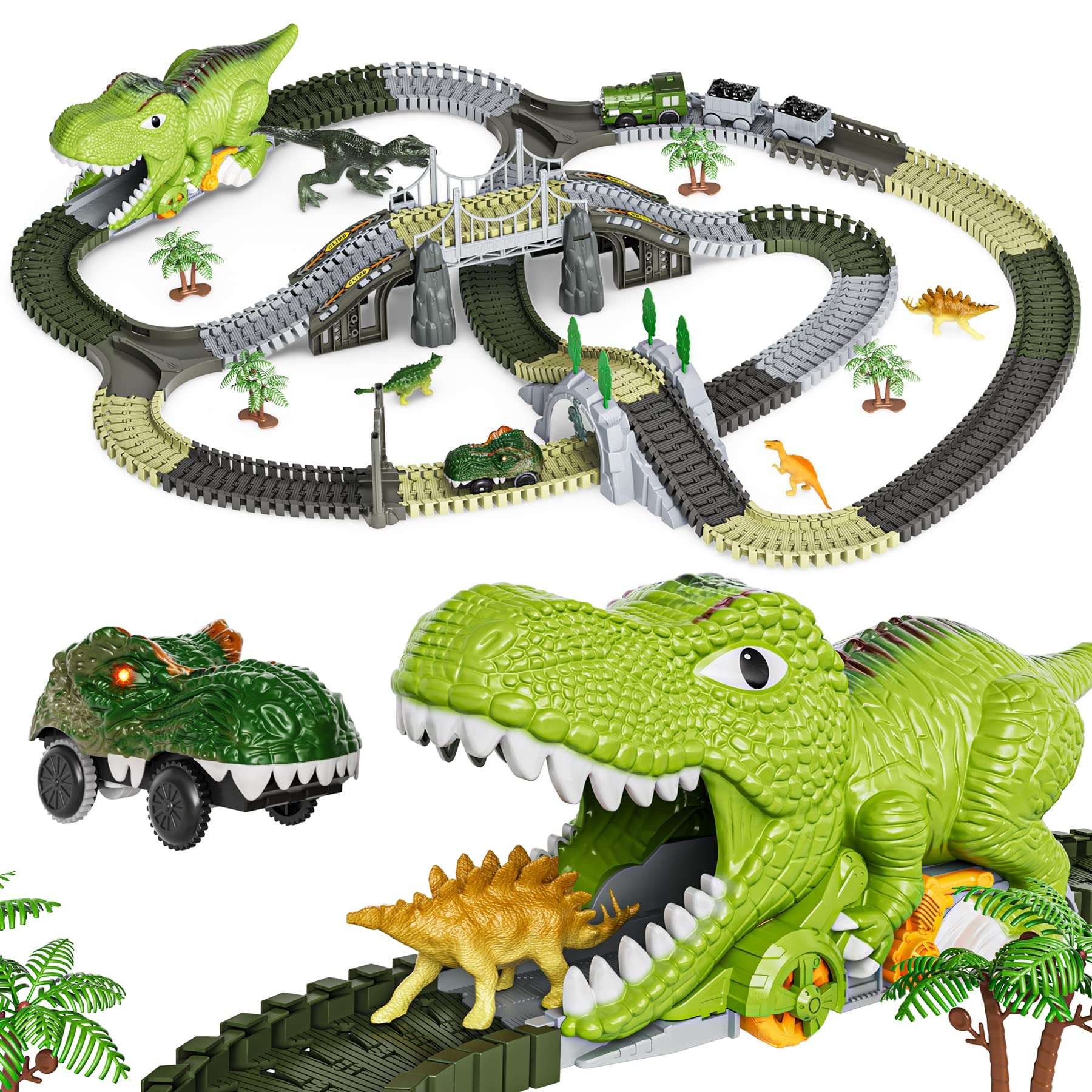 Dinosaur Toy Race Track, 281 Pieces Dinosaur Train Toy for Children 3 4 5 6, Flexible Railway Tracks with 4 Dinosaurs, 2 Electric Racing Cars with Lights - Toddlers Dinosaur World 1