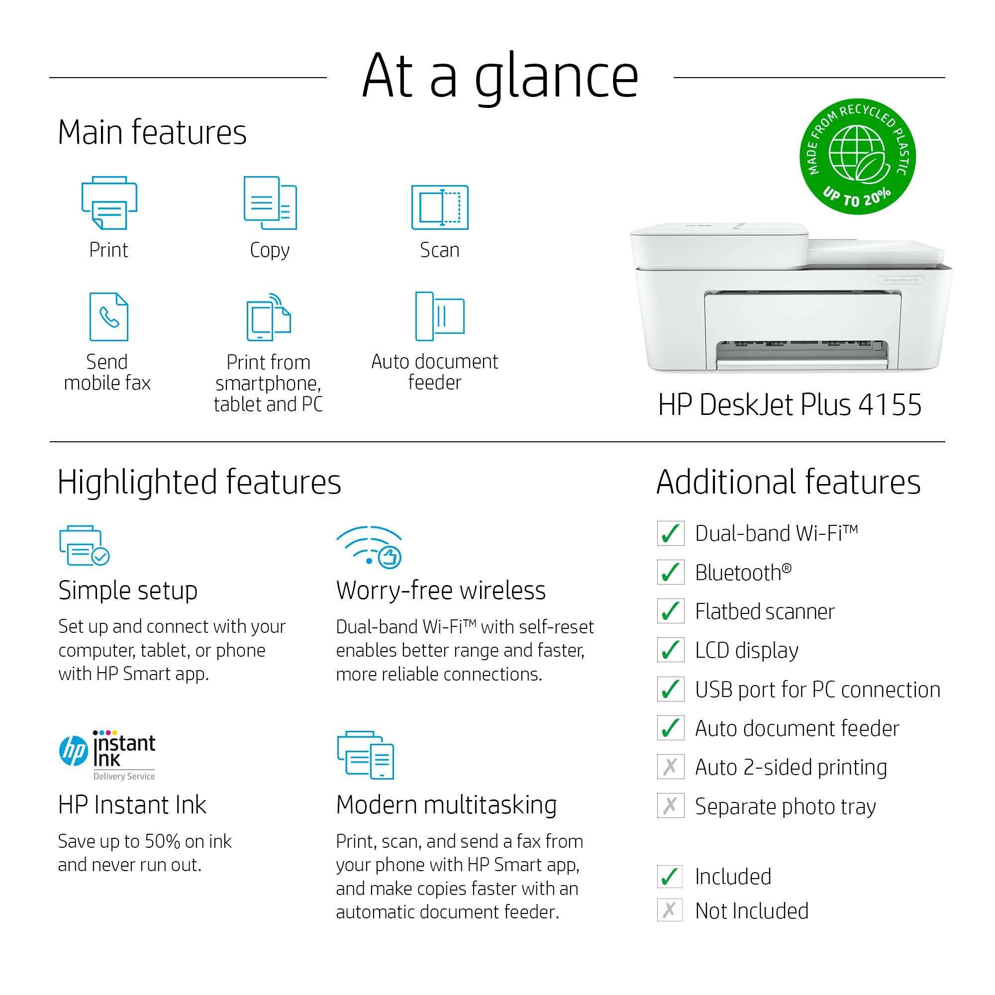 HP DeskJet Plus 4155 Wireless All-in-One Printer - Compact Inkjet Printer with Mobile Printing, Scanner, Copier, Bluetooth, Home Office & WiFi Compatible - 3XV13A (Renewed) 5
