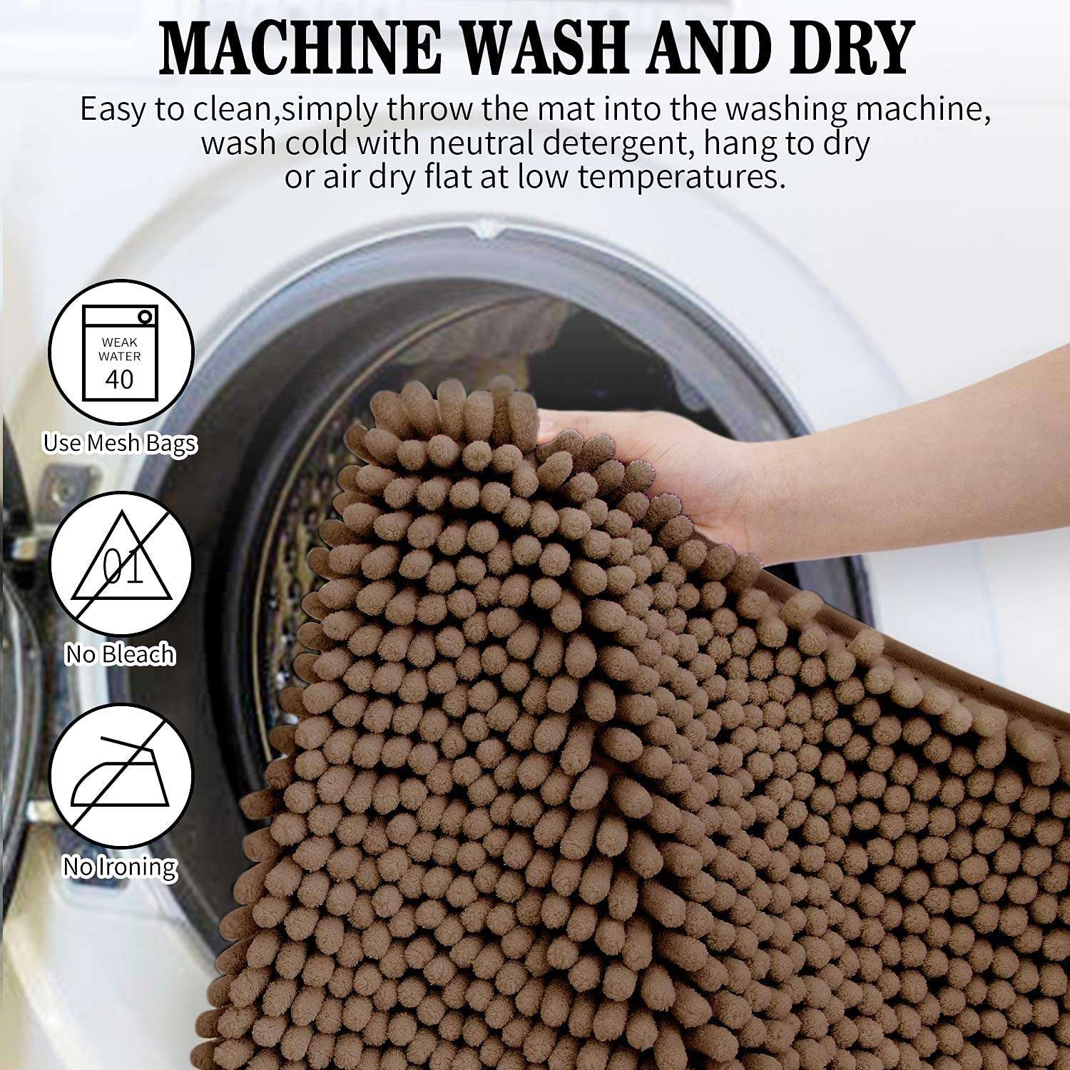 Chenille Bath Rugs,Soft and Ultra Thick Bath Mat, Non-Slip and Absorbent Microfiber Bathroom Mat for Kitchen and Indoor (16"X24", Brown) 6