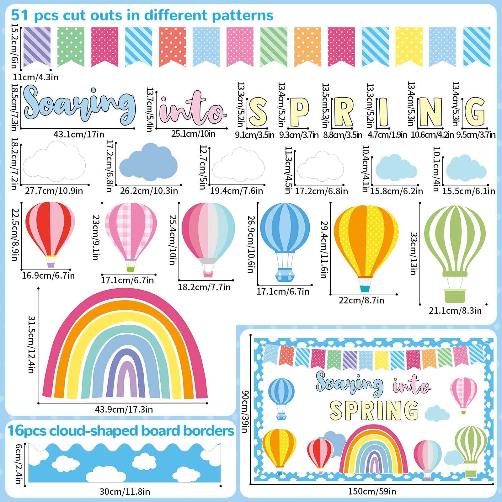 ZOIIWA Soaring into Spring Bulletin Board Decorations Spring Classroom Bulletin Board Borders Hot Air Balloon Rainbow Cutouts for Back to School Birthday Party Supplies School Home Office Wall Decor 2