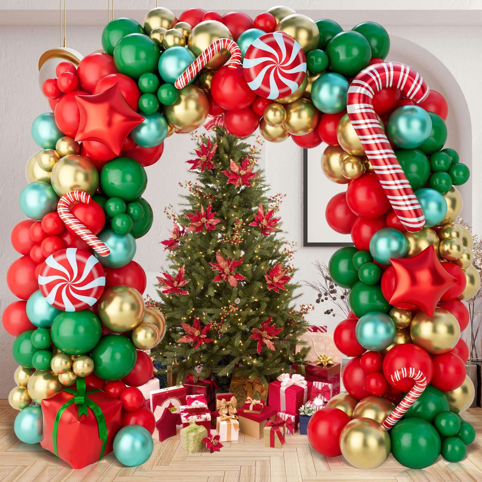 Christmas Balloons Garland Arch Kit, 150Pcs Christmas Garland with Red Green Gold Candy Cane Balloons Red Star Balloons, Christmas Arch for Christmas Party, Xmas Decorations Backdrop for Indoors 3