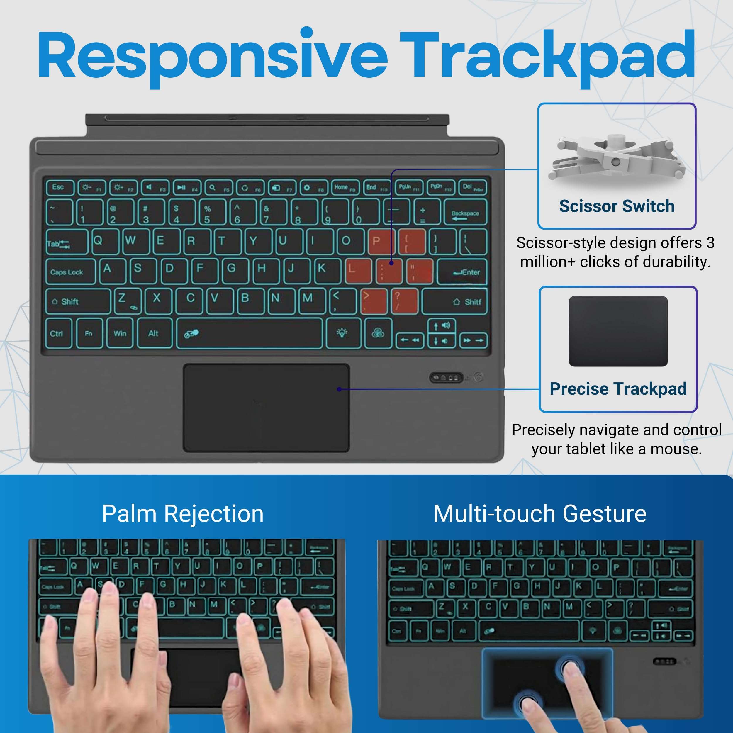 Keyboard Replacement Type Cover Trackpad Mouse for Microsoft Surface Pro 7+ 7 Pro 6 Pro 5 Pro 4 Pro 3 Ergonomic Portable Slim Wireless Bluetooth Rechargeable 5