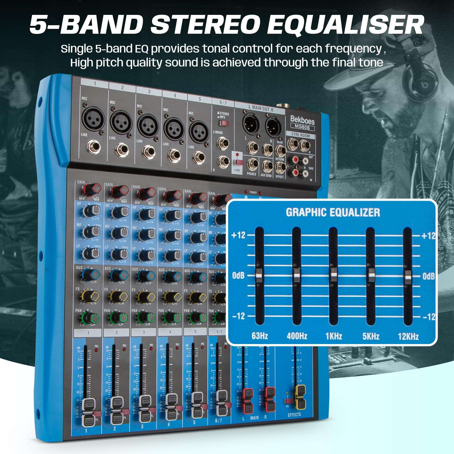 BEKBOES Professional Audio Mixer, 6 Channel, Input 48V Phantom Power Stereo Digital USB Bluetooth MP3 Computer Input, Build-in 16 Effect DSP, for Recording, Live Streaming, Podcasting MG60S 6