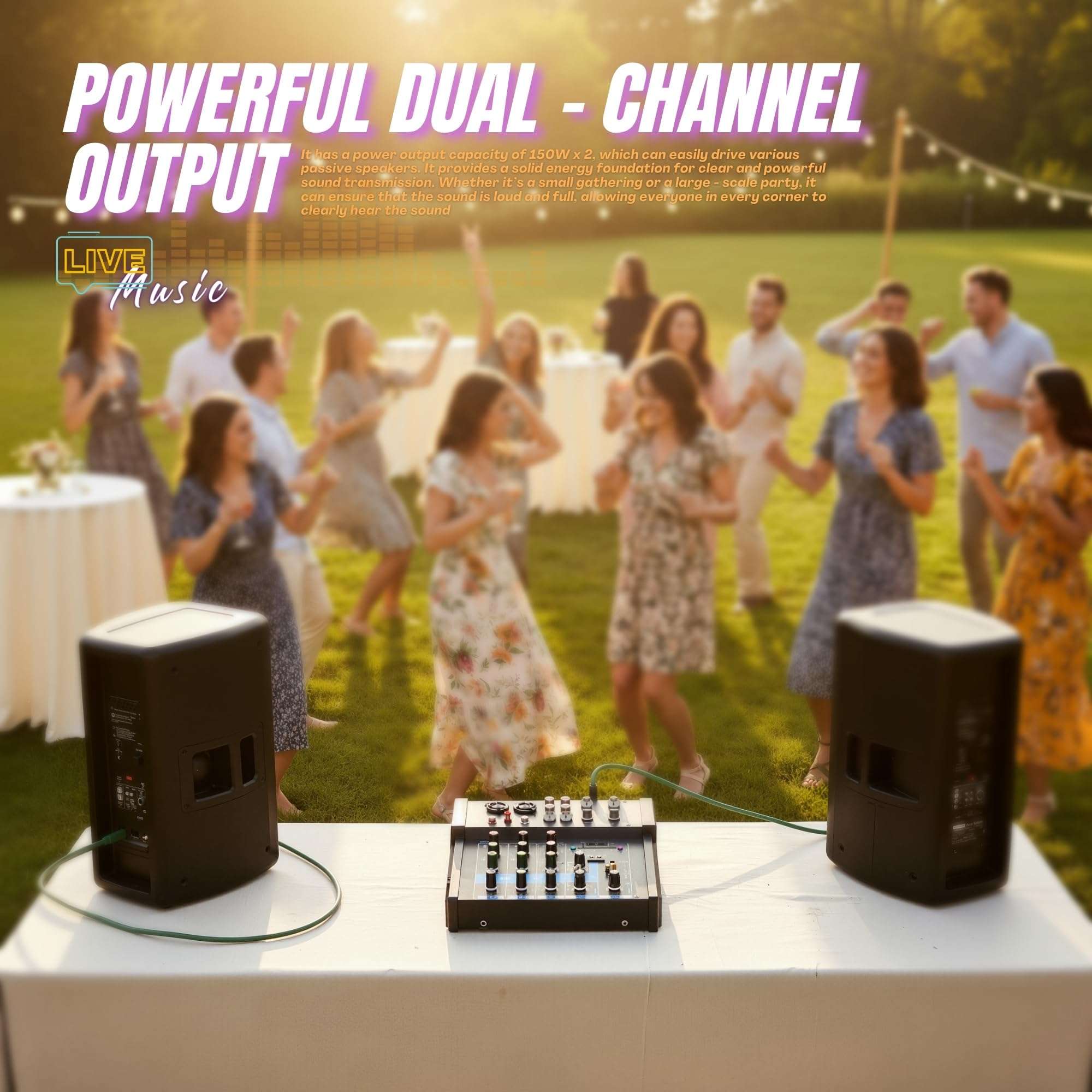 150W x2 Powered Amplifier Audio Mixer, 4 Channel Karaoke Mixer Sound Board with Dual Rechargeable Wireless Microphones, 48V Phantom Power, USB/Bluetooth/Type-C Audio, TV/PC/Phone/MP3 Stereo DJ Mixer 3