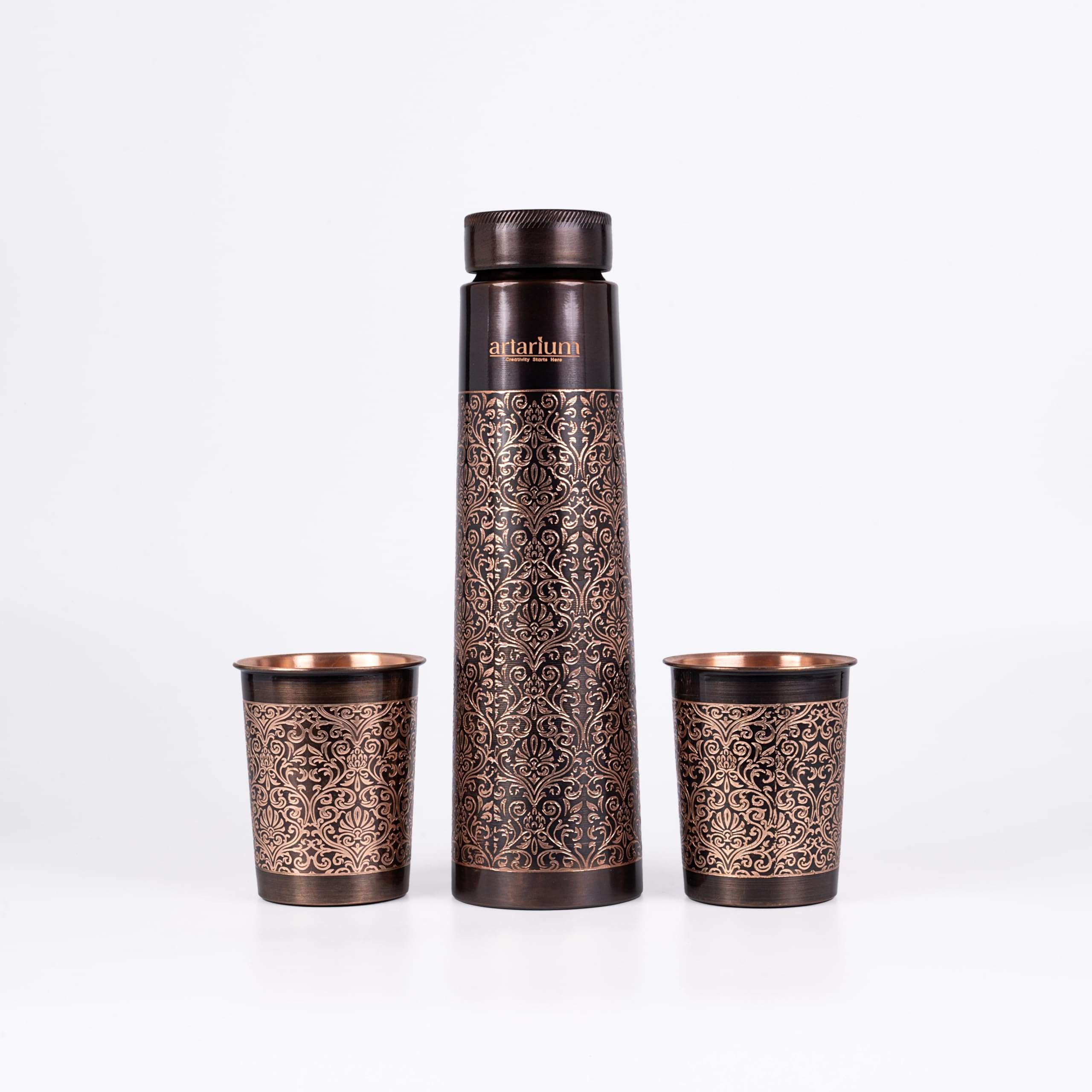 Artarium Classic Etching Copper Bottle with Two Cups Copper Bottle & Cup Set with Intricate Etching Eco-Friendly & Stylish (1 Litre) 1