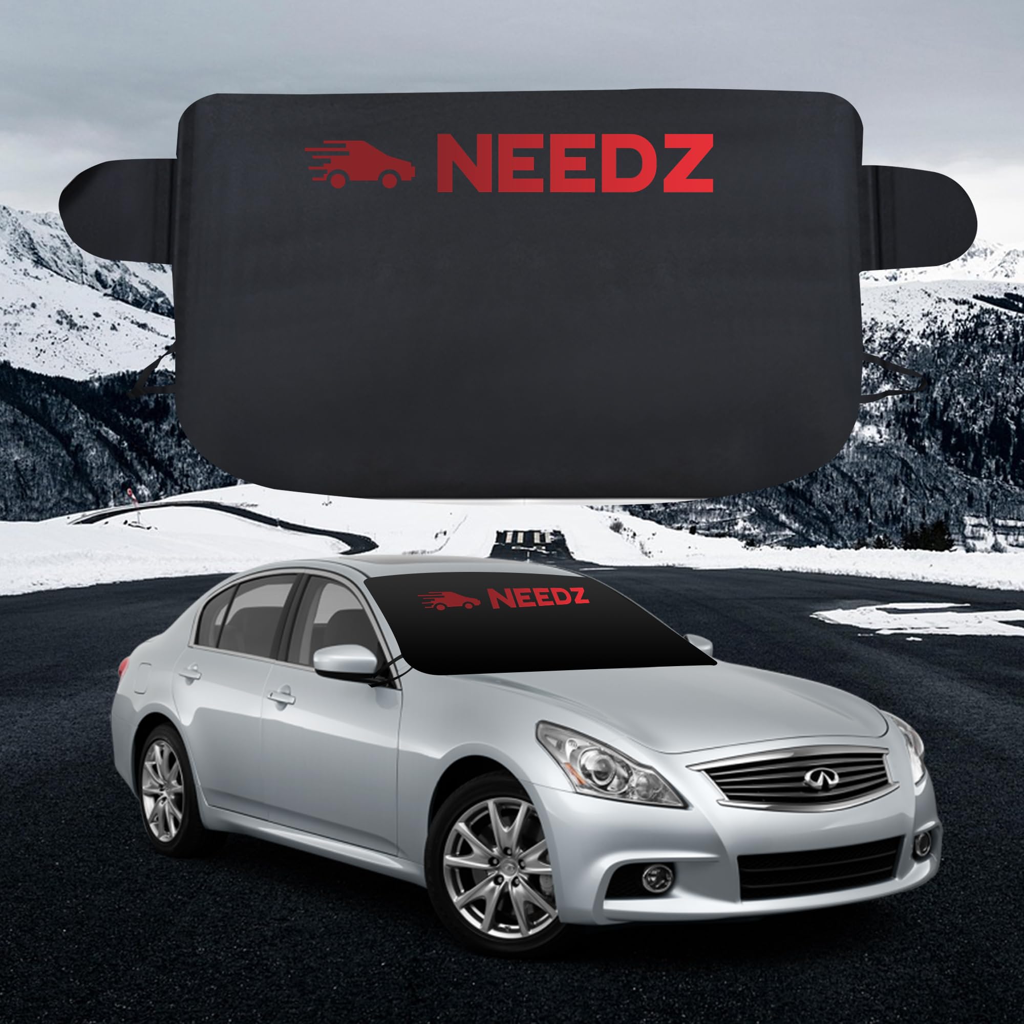 NEEDZ Windshield Snow Cover for Ice and Snow | Light Weight 170T Silver Coated Fabric | Premium Windshield Protection for Cars, SUVs, Trucks | Secure Fit Waterproof Frost Cover | Large (88"x39")*