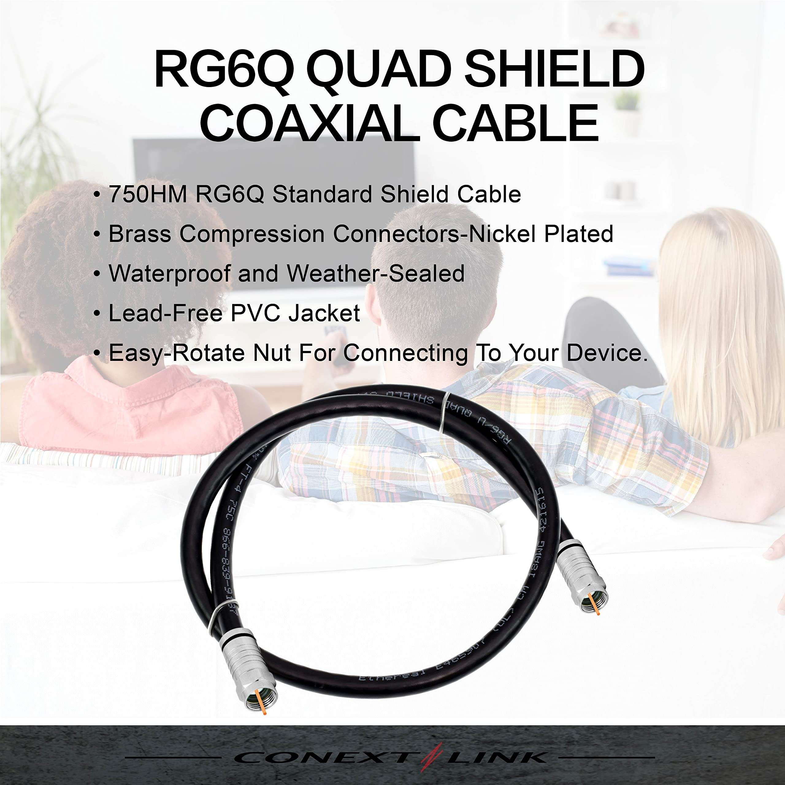 RG6 Quad Shield Coaxial Cable F Connector 18 AWG 3GHZ 75 Ohm Sat TV (2FT, Black) 4