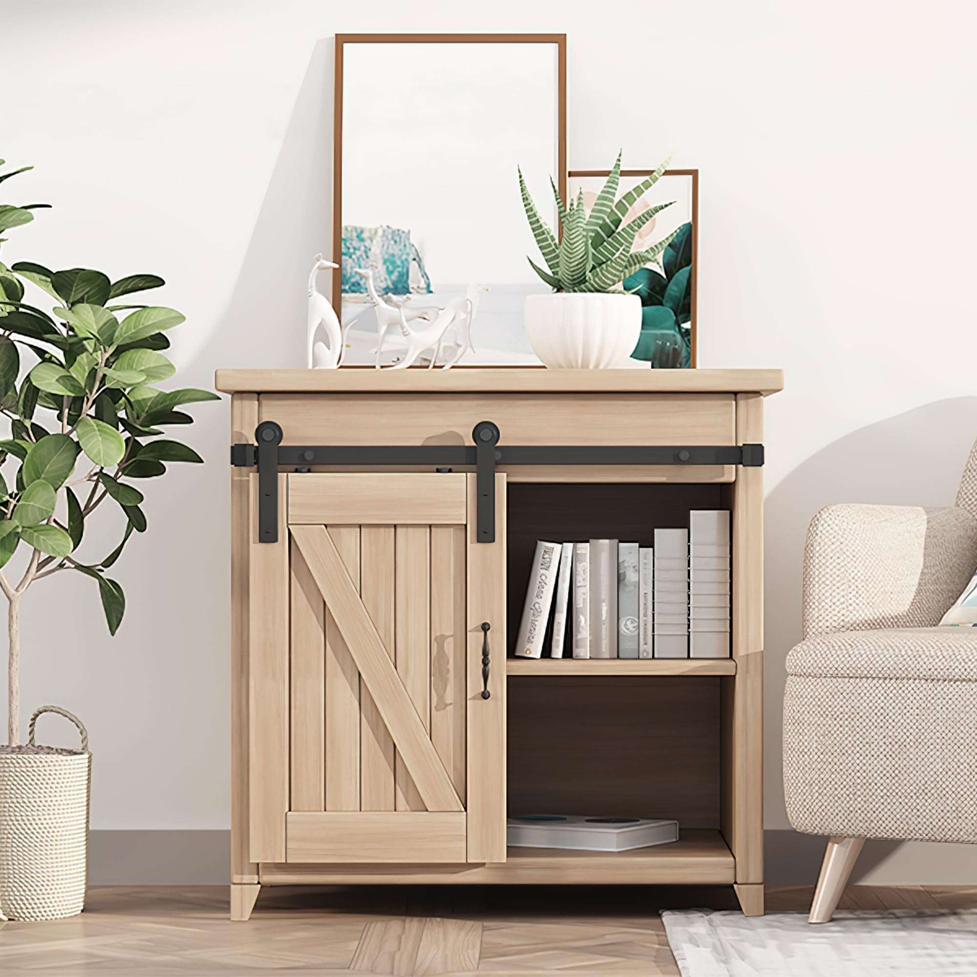 ZEKOO 3FT Super Mini Sliding Barn Door Hardware Kit for Single Door Cabinet, Small Barn Door Hardware Track Kit for TV Stand, Cupboards, Storage Cabinets, Wardrobes, I Shape Hanger (No Cabinet) 1