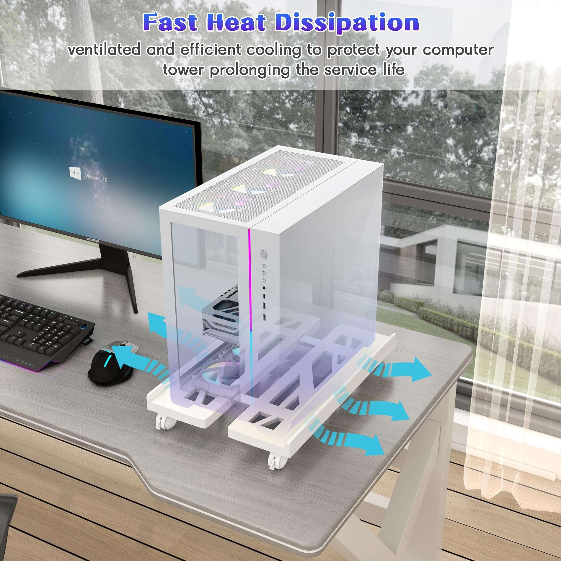 Qcdou Adjustable Mobile PC Tower Stand, Ventilated Under-Desk CPU Holder- 4 Smooth-Rolling Caster Wheels, PC Floor Cart, PC Riser, Perfectly Fit Most PC Gaming Desks Office- White 6