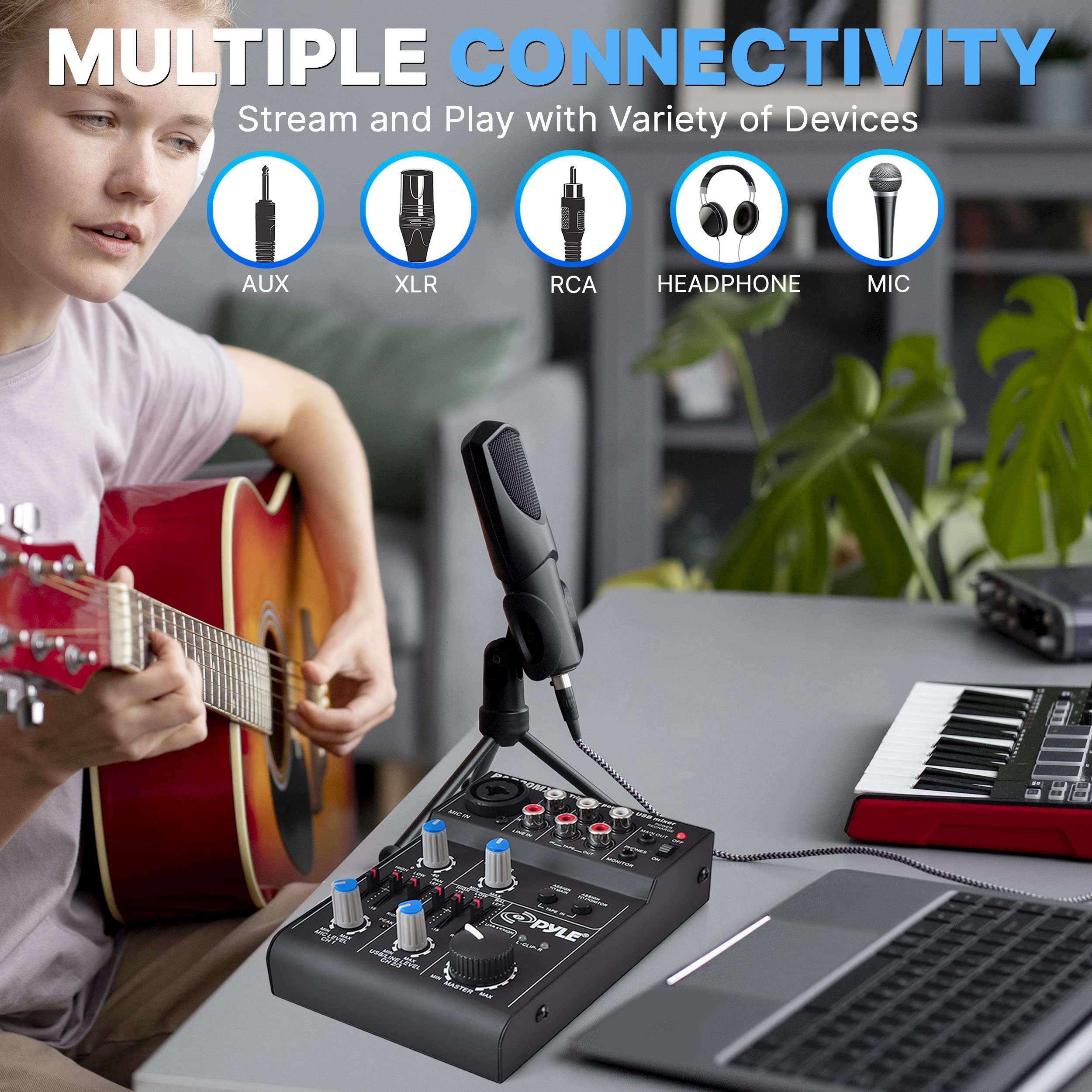 Pyle 5-Channel Rechargeable Mini Portable Audio Mixer – Compact Music Mixer DJ Controller with USB Interface, Slider EQ Controls, XLR Combo Mic Input, Rechargeable Battery, USB/Line/Master Controls 4