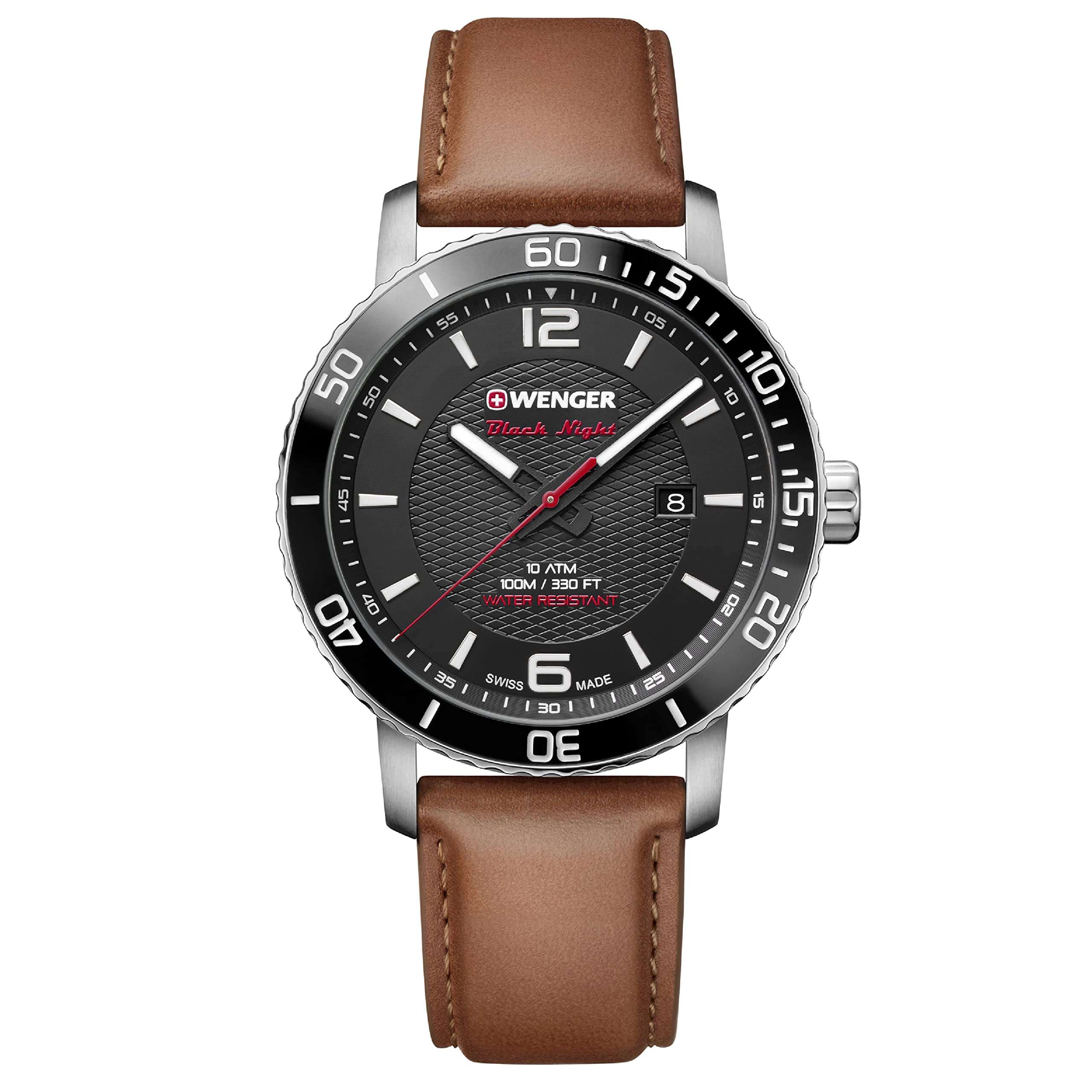 WENGER Swiss Made (Roadster Black Dial Analog Quartz Men’s Watch Brown Leather Strap- Stylish and Original) Model Number 011841105 1