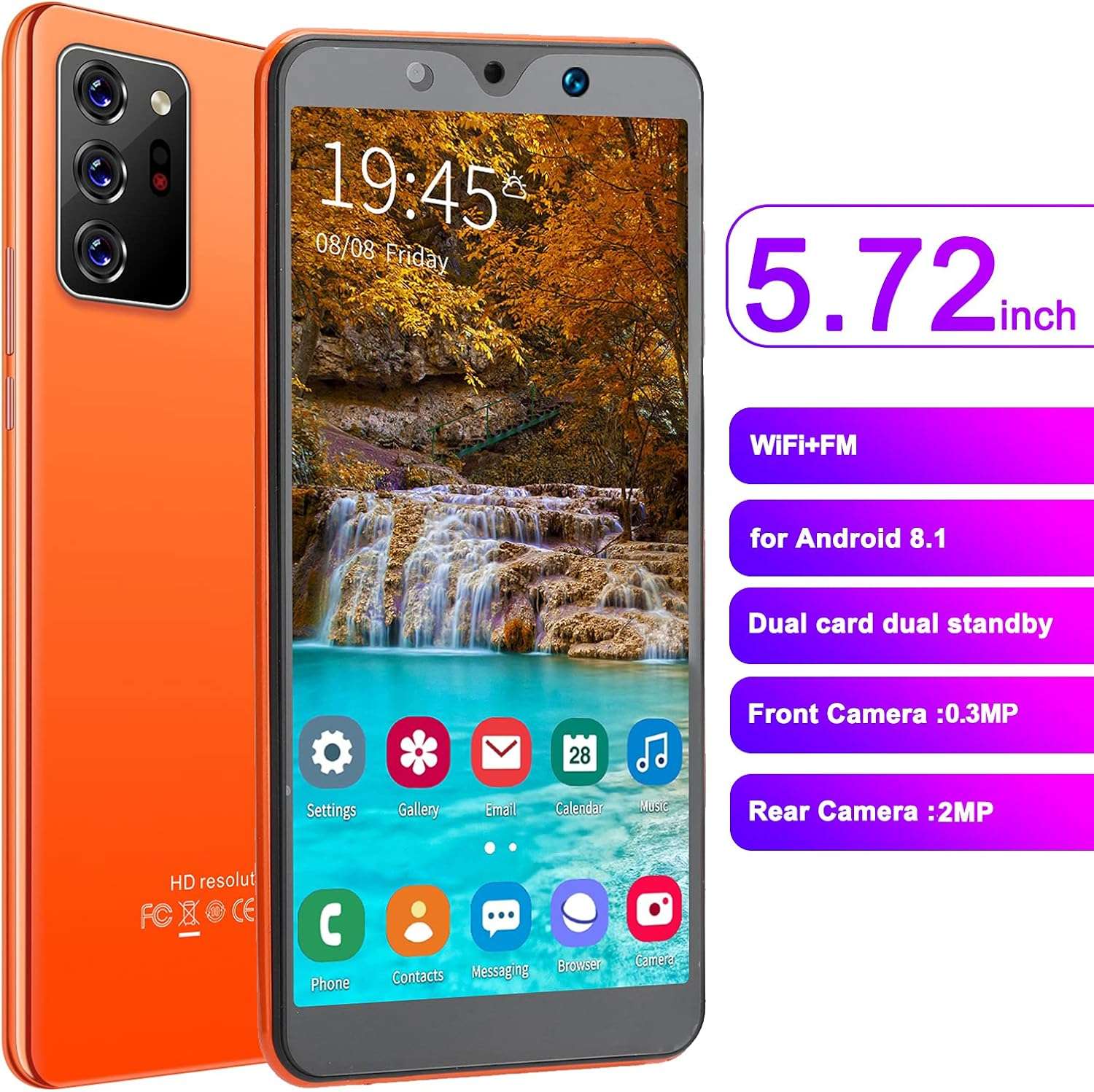 Zyyini Note30 Plus Unlocked Smartphone, 5.72 Inch HD Full Screen Phone, Dual SIM, 512MB + 4GB, 2MP + 5MP Camera, Face Unlock, with WiFi+BT+FM+GPS, with Earphone(Orange) 2