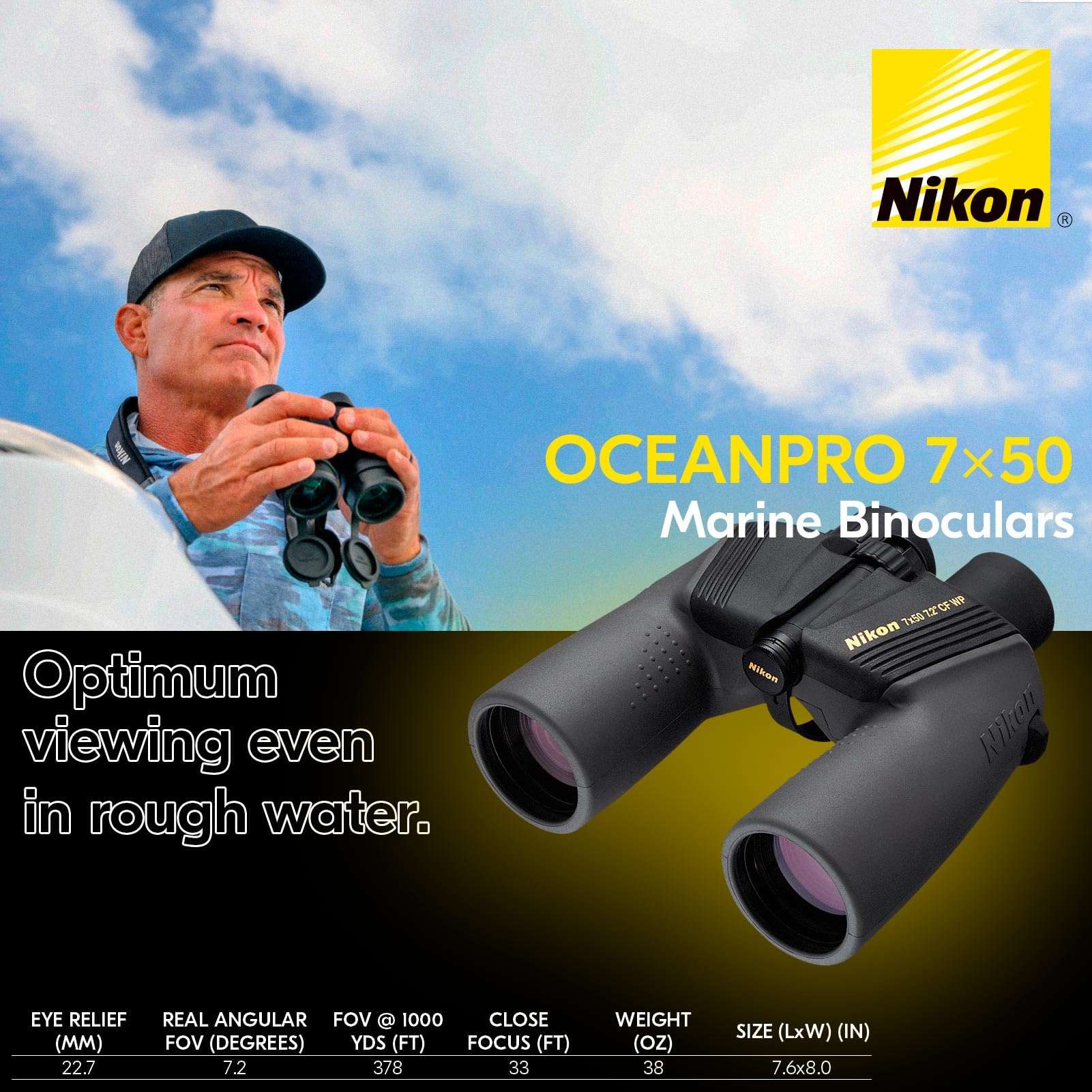 Nikon OceanPro 7x50 Waterproof Marine Binoculars - Bright Multi-Coated Porro Prism Optics, High Light Transmission, Long Eye Relief, Waterproof Fogproof Binocular for Boating & Sailing (7440) 6