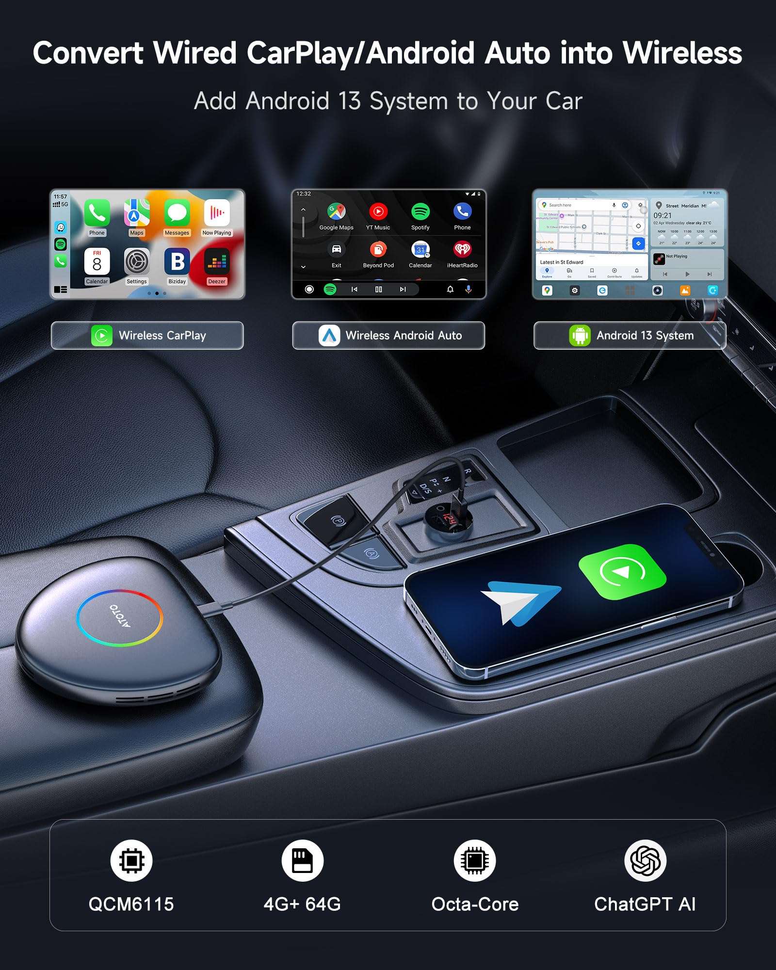 ATOTOLIFE CB6C AI Box CarPlay, Wireless CarPlay/AndroidAuto Adapter with YouTube, Car Video Box with AI Assistant, GPS Navigation, Android 13, 4G LTE, Expandable to 256GB, Watch Videos in Your Car 3
