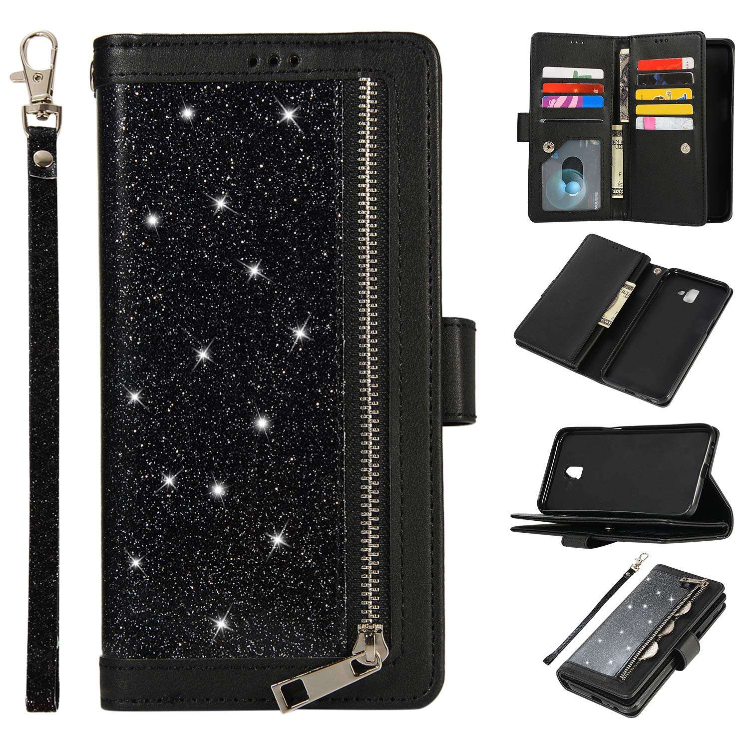 Samsung Galaxy j6 2018 Case Wallet Flip Bling Glitter 9 Card Holder PU Leather Wallet Slot Flip Protective Cover with Pocket with Zipper (Black) 2