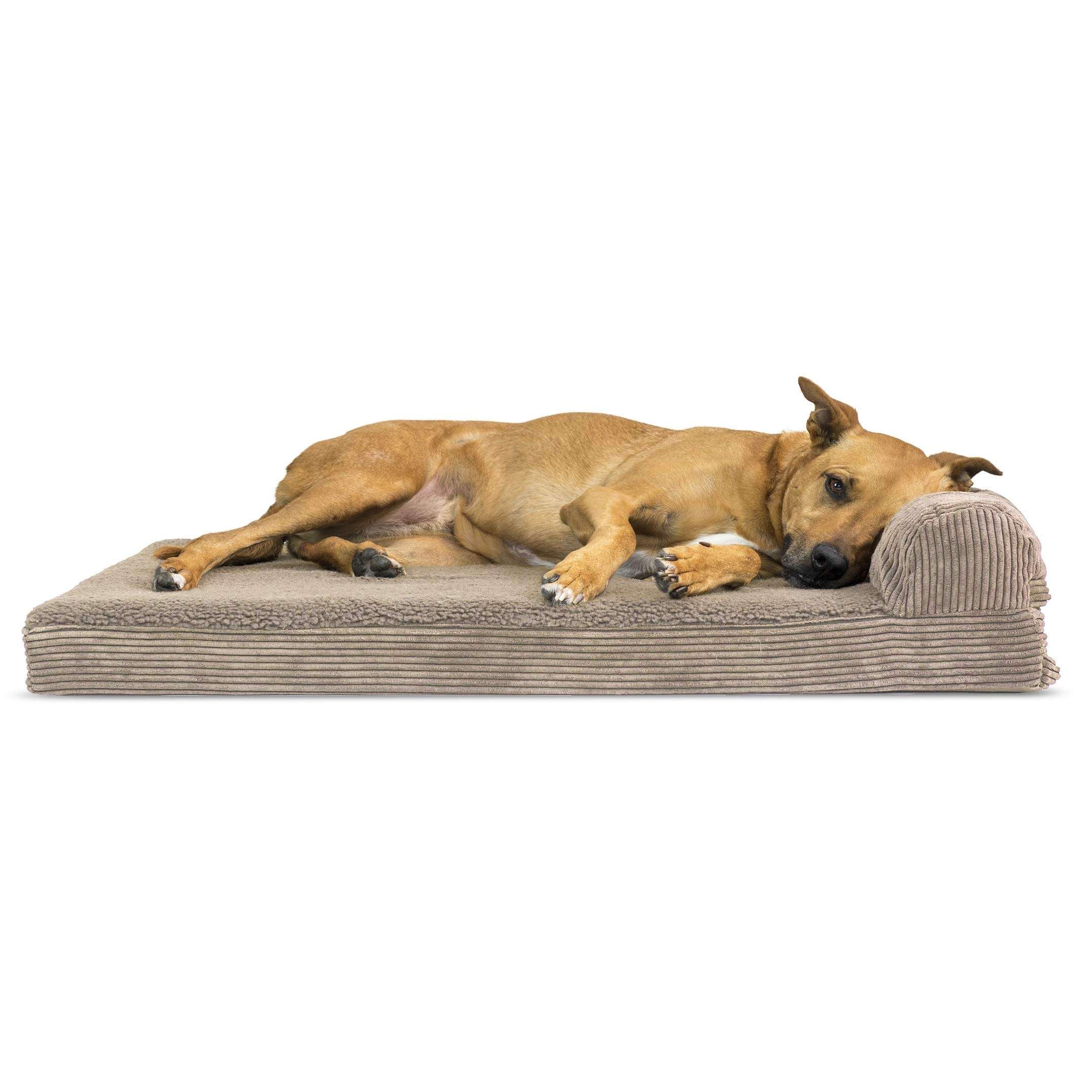 Furhaven Pet 43405063 Large Faux Fleece & Corduroy Chaise Lounge Orthopedic Sofa Pet Bed, Sandstone