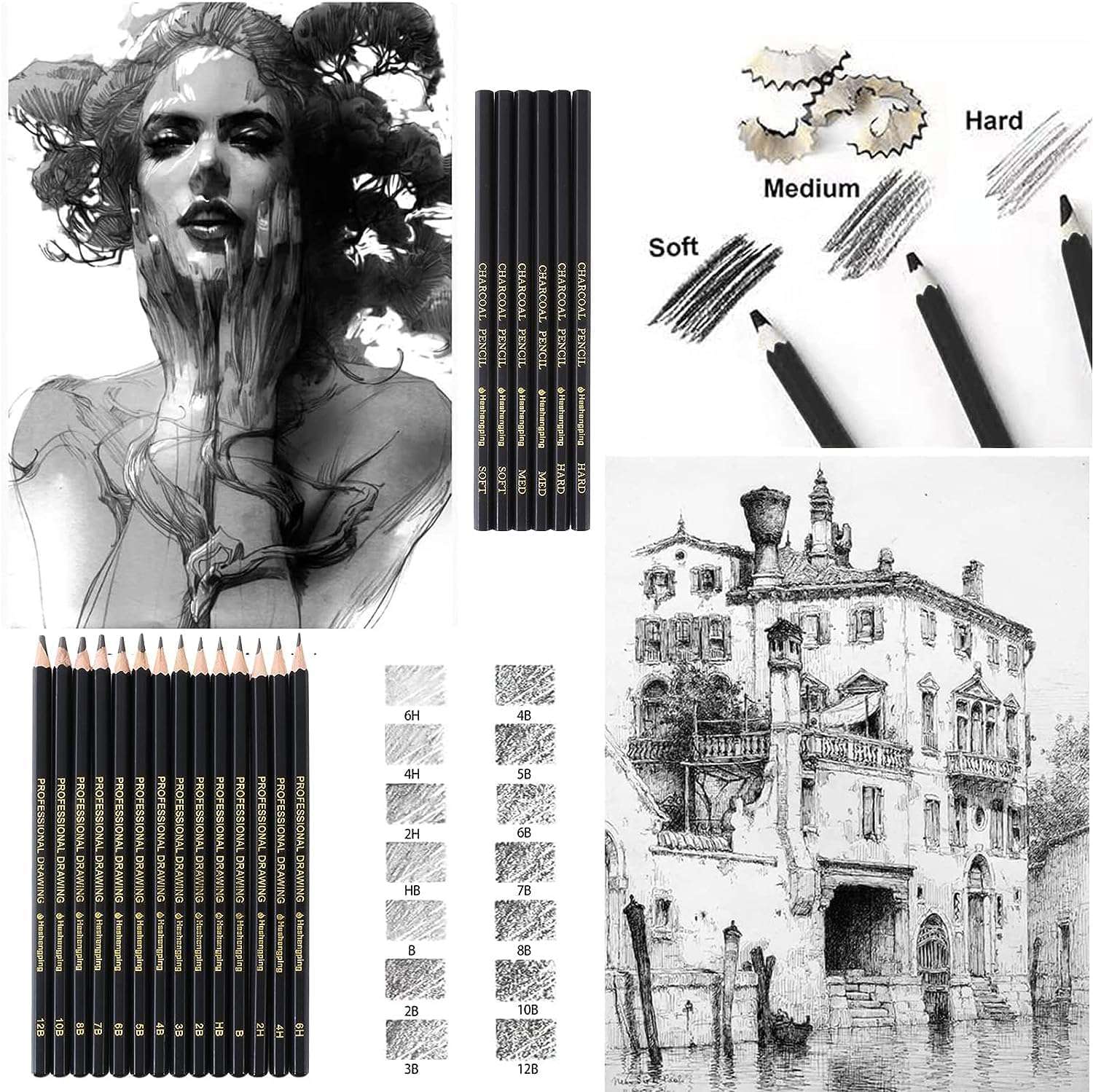 Stodern 29-Piece Artist Sketching & Drawing Pencil Set - Includes Graphite Pencils, Charcoal Pencils, Erasers, Paper Erasable Pen, Craft Knife, Canvas Carry Bag Complete Art Tool Kit for Beginners 5